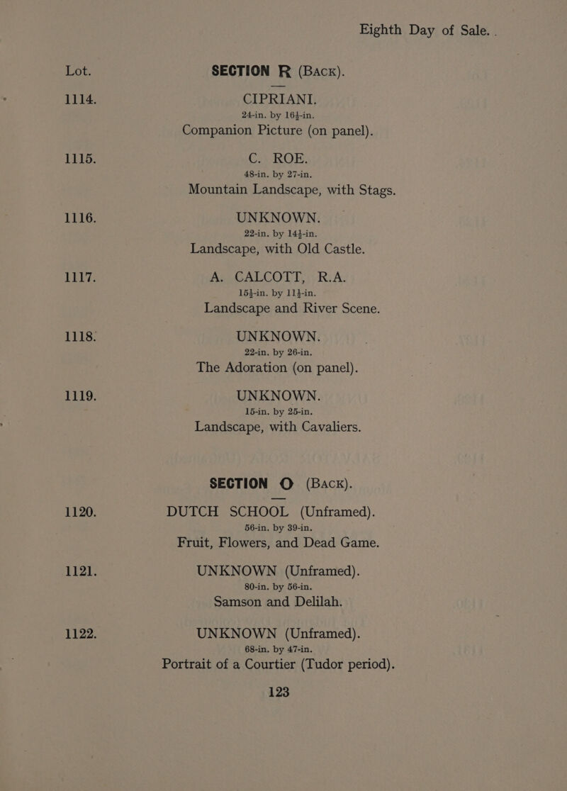 CIPRIANI. 24-in. by 164-in. Companion Picture (on panel). Co-ROK. 48-in. by 27-in, Mountain Landscape, with Stags. UNKNOWN. 22-in. by 144-in. Landscape, with Old Castle. A. CALCOTT, R.A. 15$-in. by 114-in. Landscape and River Scene. UNKNOWN. 22-in. by 26-in. The Adoration (on panel). UNKNOWN. 15-in. by 25-in. Landscape, with Cavaliers. SECTION © (Back). DUTCH SCHOOL (Unframed). 56-in. by 39-in. Fruit, Flowers, and Dead Game. UNKNOWN (Unframed). 80-in. by 56-in. Samson and Delilah. UNKNOWN (Unframed). 68-in. by 47-in. Portrait of a Courtier (Tudor period).