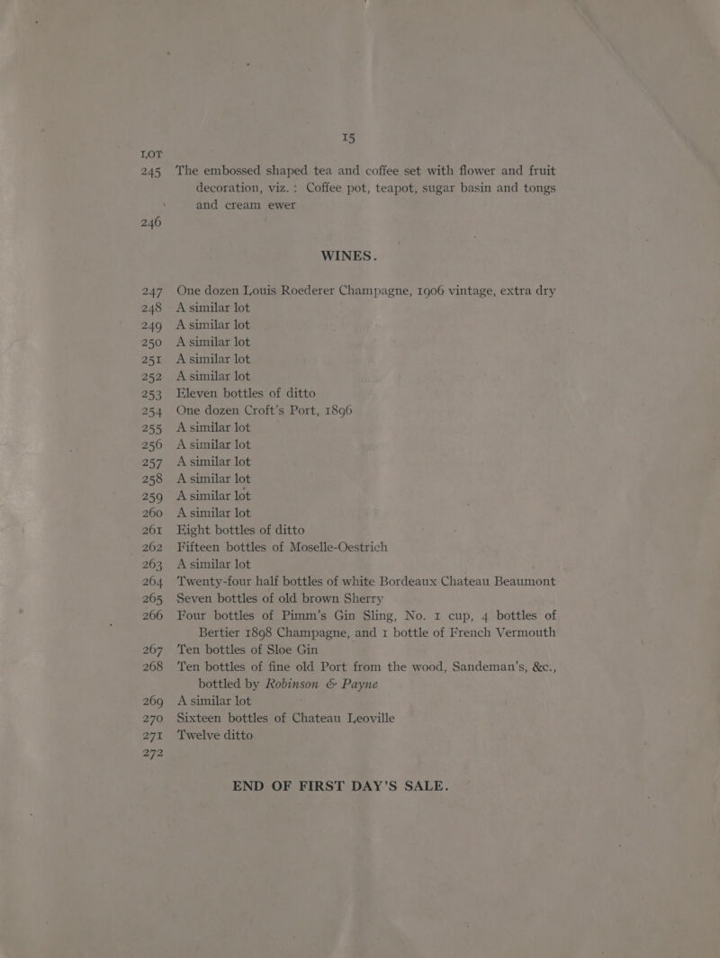 245 T5 The embossed shaped tea and coffee set with flower and fruit decoration, viz.: Coffee pot, teapot, sugar basin and tongs and cream ewer WINES. One dozen Louis Roederer Champagne, 1906 vintage, extra dry A similar lot A similar lot A similar lot A similar lot A similar lot Eleven bottles of ditto One dozen Croft’s Port, 1896 A similar lot A similar lot A similar lot A similar lot A similar lot A similar lot Eight bottles of ditto Fifteen bottles of Moselle-Oestrich A similar lot Twenty-four half bottles of white Bordeaux Chateau Beaumont Seven bottles of old brown Sherry Four bottles of Pimm’s Gin Sling, No. 1 cup, 4 bottles of Bertier 1898 Champagne, and 1 bottle of French Vermouth Ten bottles of Sloe Gin Ten bottles of fine old Port from the wood, Sandeman’s, &amp;c.., bottled by Robinson &amp; Payne A similar lot Sixteen bottles of Chateau Leoville Twelve ditto END OF FIRST DAY’S SALE.