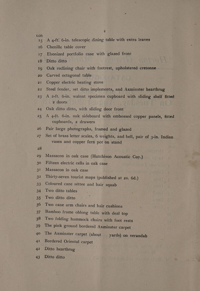 LO1 A 4-ft? 6-in. telescopic dining table with extra leaves Chenille table cover Ebonized portfolio case with glazed front Ditto ditto Oak reclining chair with footrest, upholstered cretonne. - Carved octagonal table Copper electric heating stove Steel fender, set ditto implements, and Axminster hearthrug A 2-ft. 6-in. walnut specimen cupboard with sliding shelf fitted 2 doors Oak ditto ditto, with sliding door front A 4-ft. 6-in. oak sideboard with embossed copper panels, fitted cupboards, 2 drawers Pair large photographs, framed and glazed Set of brass letter scales, 6 weights, and bell, pair of 3-in. Indian vases and copper fern pot on stand Massacon in oak case (Hutchison Acoustic Coy.) Fifteen electric cells in oak case Massacon in oak case Thirty-seven tourist maps (published at 2s. 6d.) Coloured cane settee and hair squab Two ditto tables Two ditto ditto Two cane arm chairs and hair cushions Bamboo frame oblong table with deal top Two folding hammock chairs with foot rests The pink ground bordered Axminster carpet The Axminster carpet (about yards) on verandah Bordered Oriental carpet Ditto hearthrug Ditto ditto