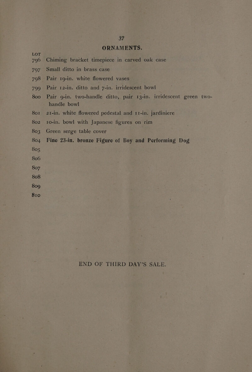 ORNAMENTS. Chiming bracket timepiece in carved oak case Small ditto in brass case Pair 12-in. ditto and 7-in. irridescent bowl Pair g-in. two-handle ditto, pair 13-in. irridescent green two- handle bowl 21-in. white flowered pedestal and 11-in. jardiniere 10-in. bowl with Japanese figures on rim Green serge table cover Fine 23-in. bronze Figure of Boy and Performing Dog END OF THIRD DAY’S SALE.