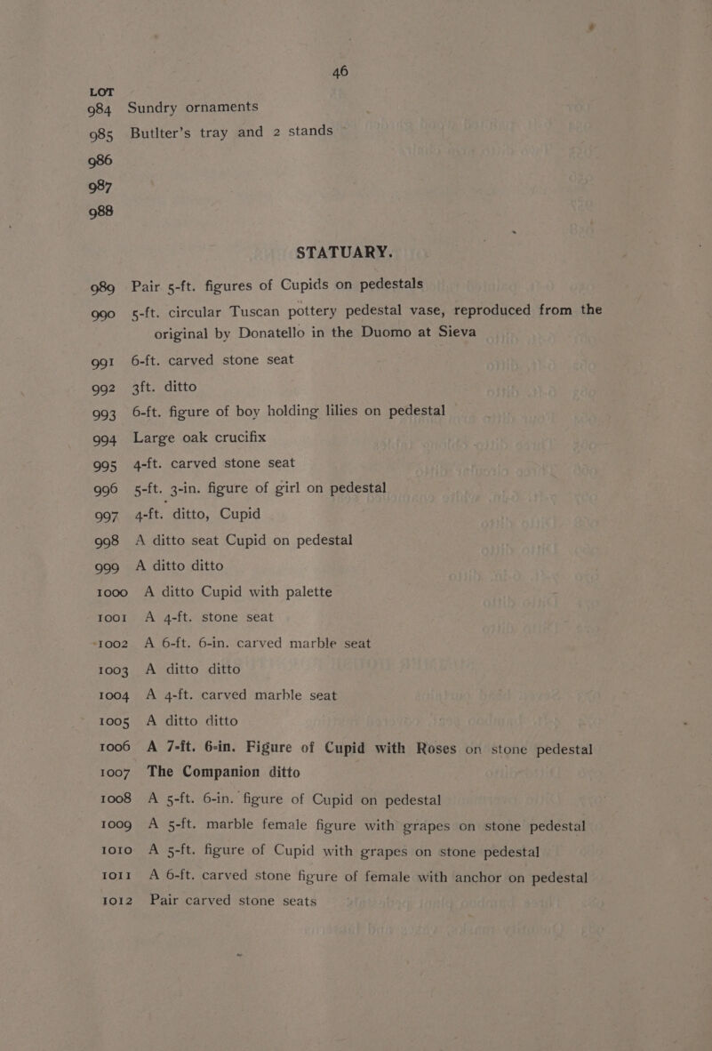 988 Sundry ornaments Butlter’s tray and 2 stands” STATUARY. Pair 5-ft. figures of Cupids on pedestals s-ft. circular Tuscan pottery pedestal vase, reproduced from the original by Donatello in the Duomo at Sieva 6-ft. carved stone seat 3ft. ditto 6-ft. figure of boy holding lilies on pedestal Large oak crucifix 4-ft. carved stone seat 5-ft. 3-in. figure of girl on pedestal 4-ft. ditto, Cupid A ditto seat Cupid on pedestal A ditto ditto A ditto Cupid with palette A 4-ft. stone seat A 6-ft. 6-in. carved marble seat A ditto ditto A 4-ft. carved marhle seat A ditto ditto A 7-ft. 6-in. Figure of Cupid with Roses on stone pedestal The Companion ditto : A 5-ft. 6-in. figure of Cupid on pedestal A 5-ft. A 5-ft. figure of Cupid with grapes on stone pedestal A 6-ft. marble female figure with grapes on stone pedestal carved stone figure of female with anchor on pedestal Pair carved stone seats