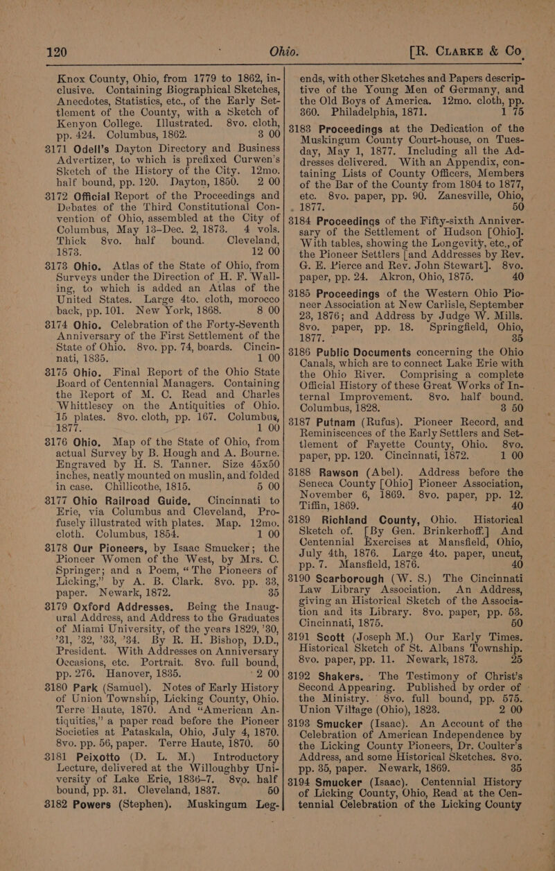 Knox County, Ohio, from 1779 to 1862, in- clusive. Containing Biographical Sketches, Anecdotes, Statistics, ete., of the Early Set- tlement of the County, ‘with a Sketch of Kenyon College. Illustrated. 8vo. cloth, pp. 424. Columbus, 1862. 3 00 8171 Odeil’s Dayton Directory and Business Advertizer, to which is prefixed Curwen’s Sketch of the History of the City. 12mo. half bound, pp. 120. Dayton, 1850. 2 00 $172 Official Report of the Proceedings and Debates, of the Third Constitutional Con- vention of Ohio, assembled at the City of Columbus, May 13-Dec. 2, 1878. 4 vols. Thick 8vo. half bound. Cleveland, 1873. 12 00 8173 Ohio. Atlas of the State of Ohio, from Surveys under the Direction of H. F. Wall- ing, to which is added an Atlas of the United States. Large 4to. cloth, morocco back, pp. 101. New York, 1868. 8 00 8174 Ohio. Celebration of the Forty-Seventh Anniversary of the First Settlement of the State of Ohio. 8vo. pp. 74, boards. Cincin- nati, 1885. 1 00 3175 Ohio. Final Report of the Ohio State Board of Centennial Managers. Containing the Report of M. C. Read and Charles Whittlesey on the Antiquities of Ohio. 15 plates. 8vo. cloth, pp. 167. Columbus, 1877. 7 1 00 8176 Ohio. Map of the State of Ohio, from actual Survey by B. Hough and A. Bourne. Engraved by H. S. Tanner. Size 45x50 inches, neatly mounted on muslin, and folded in case. Chillicothe, 1815. 5 00 3177 Ohio Railroad Guide. Cincinnati to Erie, via Columbus and Cleveland, Pro- fusely illustrated with plates. Map. 12mo. cloth. Columbus, 1854. 1 00 3178 Our Pioneers, by Isaac Smucker; the Pioneer Women of the West, by Mrs. C. Springer; and a Poem, “The Pioneers of Licking,” by A. B. Clark. 8vo. pp. 33, paper. Newark, 1872. 35 3179 Oxford Addresses. Being the Inaug- ural Address, and Address to the Graduates of Miami University, of the years 1829, ’30, 731, ’32, ’38, °34. By R. H. Bishop, D.D., President. With Addresses on Anniversary Occasions, etc. Portrait. 8vo. full bound, pp. 276. Hanover, 1835. “2 00 8180 Park (Samuel). Notes of Early History of Union Township, Licking County, Ohio. Terre Haute, 1870. And “American An- tiquities,’ a paper read before the Pioneer Societies at Pataskala, Ohio, July 4, 1870. 8vo. pp. 56, paper. Terre Haute, i870, 50 8181 Peixotto (D. L. M.) Introductory Lecture, delivered at the Willoughby Uni- versity ‘of Lake Erie, 1836-7. 8vo. half bound, pp. 31. Cleveland, 1837. 50 8182 Powers (Stephen). Muskingum Leg- ends, with other Sketches and Papers descrip- tive of the Young Men of Germany, and the Old Boys of America, 12mo. pi PP. 360. Philadelphia, 1871. 8183 Proceedings at the Dedication of the Muskingum County Court-house, on Tues- day, May 1, 1877. Including all the Ad- dresses delivered. With an Appendix, con- taining Lists of County Officers, Members of the Bar of the County from 1804 to 1877, etc. 8vo. paper, pp. 90. Zanesville, Ohio, men hv 50 3184 Proceedings of the Fifty-sixth Anniver- sary of the Settlement of Hudson [Ohio]. W ith tables, showing the Longevity, etc., of the Pioneer Settlers [and Addresses by Rev. G. H. Pierce and Rev. John Stewart]. 8vo. paper, pp. 24. Akron, Ohio, 1875. 40 3185 Proceedings of the Western Ohio Pio- neer Association at New Carlisle, September 23, 1876; and Address by Judge W. Mills. 8vo. paper, pp. 18. Springfield, Ohio, LET 35 3186 Public Documents concerning the Ohio Canals, which are to connect Lake Erie with the Ohio River. Comprising a complete Official History of these Great Works of In- | ternal Improvement. 8vo. half bound. Columbus, 1828. 3 50 3187 Putnam (Rufus). Pioneer Record, and Reminiscences of the Early Settlers and Set- tlement of Fayette County, Ohio. 8vo. paper, pp. 120. Cincinnati, 1872. 1 00 3188 Rawson (Abel). Address before the Seneca County [Ohio] Pioneer Association, November 6, 1869. 8vo. paper, pp. 12. Tiffin, 1869. 40 3189 Richland County, Sketch of. [By Gen. Brinkerhoff.] And Centennial Exercises at Mansfield, Ohio, July 4th, 1876. Large 4to. paper, uncut, ppat. Mansfield, 1876. 40 3190 Scarborough (W.S.) The Cincinnati Law Library Association. An Address, giving an Historical Sketch of the Associa- tion and its Library. 8vo. paper, pp. 53. 3191 Scott (Joseph M.) Our Early Times. Historical Sketch of St. Albans Township. 3192 Shakers. The Testimony of Christ’s Second Appearing. Published by order of | the Ministry. © 8vo. full bound, pp. 575. Union Vilfage (Ohio), 1828. 2 00 3193 Smucker (Isaac). An Account of the Celebration of American Independence by the Licking County Pioneers, Dr. Coulter’s Address, and some Historical Sketches. 8vo. pp. 35, paper. Newark, 1869. 35. 3194 Smucker (Isaac). Centennial History of Licking County, Ohio, Read at the Cen- tennial Celebration of the Licking County Ohio. Historical