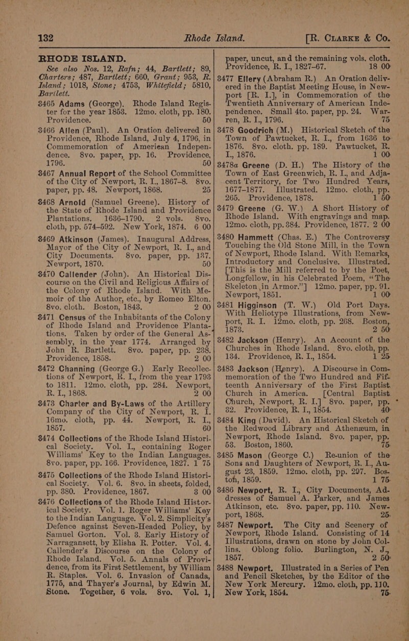 RHODE ISLAND. See also Nos. 12, Rafn; 44, Bartlett; 89, Charters; 487, Bartlett; 660, Grant; 958, R. Island ; 1018, Stone; 4753, Whitefield; 5810, Barilett. 8465 Adams (George), Rhode Island Regis- ter for the year 1853. 12mo. cloth, pp. 180. Providence. 50 3466 Allen (Paul). An Oration delivered in Providence, Rhode Island, July 4, 1796, in Commemoration of Ameriean Indepen- dence. 8vo. paper, pp. 16. Providence, 1796. 50 38467 Annual Report of the School Committee of the City of Newport, R. I., 1867-8. 8vo. paper, pp. 48. Newport, 1868. 25 8468 Arnold (Samuel Greene). History of the State of Rhode Island and Providence Plantations. 1686-1790. 2 vols. 8vo. cloth, pp. 574-592. New York, 1874. 6 00 3469 Atkinson (James). Inaugural Address, Mayor of the City of Newport, R. I., and City Documents. 8vo. paper, pp. 187. Newport, 1870. 50 3470 Callender (John). An Historical Dis- course on the Civil and Religious Affairs of the Colony of Rhode Island. With Me- moir of the Author, etc., by Romeo Elton. 8vo. cloth. Boston, 1843. 2 00 8471 Census of the Inhabitants of the Colony of Rhode Island and Providence Planta- tions. Taken by order of the General As- sembly, in the year 1774. Arranged by John R. Bartlett. 8vo. paper, pp. 288. Providence, 1858. 2 00 3472 Channing (George G.) . Early Recollec- tions of Newport, R. I., from the year 1798 to 1811. 12mo. cloth, pp. 284. Newport, R. 1., 1868. 2 00 8473 Charter and By-Laws of the Artillery Company of the City of Newport, R. I. 1l6mo. cloth, pp. 44. Newport, R. L, 1857. 60 3474 Collections of the Rhode Island Histori- cal Society. Vol. I. containing Roger Williams’ Key to the Indian Languages. 8vo. paper, pp. 166. Providence, 1827. 1 75 3475 Collections of the Rhode Island Histori- cal Society. Vol. 6. 8vo. in sheets, dani pp. 880. Providence, 1867. 3 00 8476 Collections of the Rhode Island Histor- ical Society. Vol. 1. Roger Williams’ Key to the Indian Language. Vol. 2. Simplicity’s Defence against Seven-Headed Policy, by Samuel Gorton. Vol. 8. Early History of Narragansett, by Elisha R. Potter. Vol. 4. Callender’s Discourse on the Colony of Rhode Island. Vol. 5. Annals of Provi- dence, from its First Settlement, by William R. Staples. Vol. 6. Invasion of Canada, 1775, and Thayer’s Journal, by Edwin M. Stone. Together, 6 vols. 8vo. Vol. 1, paper, uncut, and the remaining vols. cloth. Providence, R. I., 1827-67. 18 00 3477 Ellery [Anpnate R.) An Oration deliv- ered in the Baptist Meeting House, in New- port [R. 1.], in Commemoration of the Twentieth Anniversary of American Inde- pendence. Small 4to. paper, pp. 24. War- ren, R. I., 1796. 75 3478 Goodrich (M.) Historical Sketch of the 1876. 8vo. cloth. pp. 189. Pawtucket, R. I., 1876. 1 00 34784 Greene (D. HL) The History of the Town of East Greenwich, R. I., and Adja- cent Territory, for Two Hundred Years, 1677-1877. Illustrated. 12mo. cloth, pp. 265, Providence, 1878. 1 50: 3479 Greene (G. W.) A Short History of Rhode Island. With engravings and map. 12mo. cloth, pp. 884. Providence, 1877. 2 00 3480 Hammett (Chas. E.) The Controversy Touching the Old Stone Mill, in the Town of Newport, Rhode Island. With Remarks, Introductory and Conclusive. Illustrated. [This is the Mill referred to by the Poet, Longfellow, in his Celebrated Poem, “The Skeleton in Armor.”] 12mo. paper, pp. 91. Newport, 1851. 1f0 38481 Higginson (T. W.) Old Port Days. With Heliotype Illustrations, from New- port, R. I. 12mo. cloth, pp. 268. Boston,. 1873. 2 50 3482 Jackson (Henry). An Account of the Churches in Rhode Island. 8vo. cloth, » Pp: 184. Providence, R. I., 1854. 25 8483 Jackson (Henry). A Discourse in Com- memoration of the Two Hundred and Fif- teenth Anniversary of the First Baptist. Church in America. [Central Baptist Church, Newport, R. I.] 8vo. paper, pp. 82. Providence, R. I., 1854. 40» 3484 King (David). An Historical Sketch of the Redwood Library and Athenzum, in Newport, Rhode Island. 8vo. paper, pp. 53. Boston, 1860. 75: 3485 Mason (George ©.) Re-union of the Sons and Daughters of Newport, R. L., Au- gust 28, 1859. 12mo. cloth, pp. 297. Bos- toh, 1859. 1 75. 3486 Newport, R. I., City Documents, Ad- dresses of Samuel A. Parker, and James Atkinson, etc. 8vo. paper, pp. 110. New- port, 1868. 25. 3487 Newport. The City and Scenery of Newport, Rhode Island. Consisting of 14 Illustrations, drawn on stone by John Col- lins. Oblong folio. Burlington, N. J., 1857. 2 50 3488 Newport. Illustrated in a Series of Pen and Pencil Sketches, by the Editor of the New York Mercury. 12mo. cloth, pp. 110. New York, 1854. 75- st \ , = 27 oe — P-