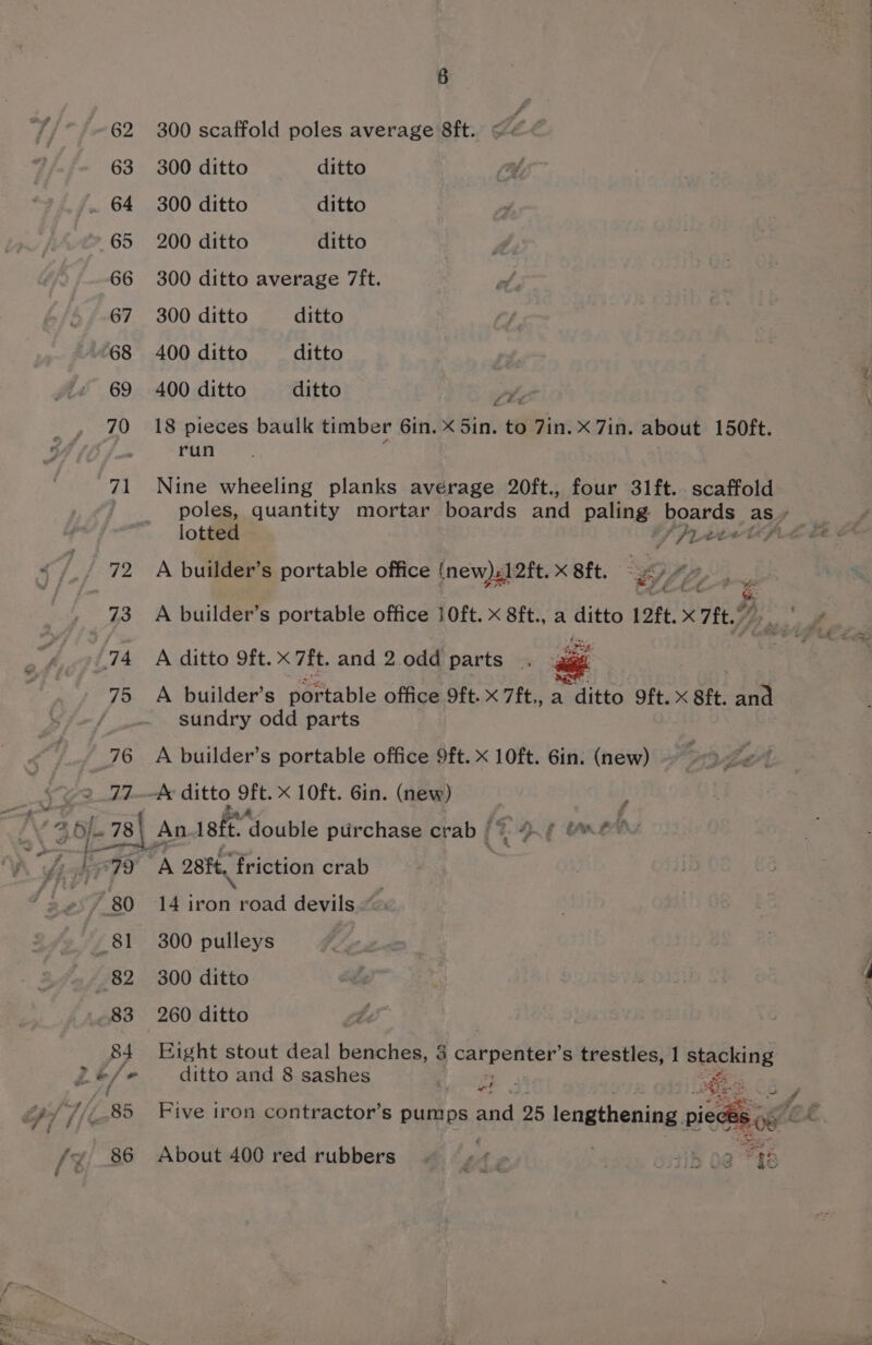 aE ft a 8 62 300 scaffold poles average 8ft. 63 300 ditto ditto . 64 300 ditto ditto 65 200 ditto ditto 66 300 ditto average 7ft. , 67 300 ditto ditto 68 400 ditto ditto 69 400ditto ditto tet 70 18 pieces baulk timber 6in. X 5in. to 7in. X 7in. about 150ft. run 4 71 Nine wheeling planks average 20ft., four 31ft. seis : poles, quantity mortar boards and paling pone as | lotted Ste etal s 72 A builder’s portable office (new)z12ft. x 8ft. eo SA, tA £ 73 <A builder’s portable office 10ft. x 8ft., a ditto 12ft. x 7ft.” ae 74 A ditto 9ft. x 7it. and 2. odd parts . age 75 A builder’s Sortable office 9ft. x 7ft., a ditto 9ft. x 8ft. and | sundry odd parts 76 A builder’s portable office 9ft. x 10ft. 6in. (new) yy ee ditto oft. xX 10ft. Gin. (new) 79 A 28K friction crab 7 80 14 iron road devils “ 81 300 pulleys 82 300 ditto 83 260 ditto 84 Eight stout deal benches, 3 datcomer s trestles, 1 stacking é/ » ditto and 8 sashes Pe | 8 85 Five iron contractor’s pumps ead 25 lengthening. pied Sg 86 About 400 red rubbers - Py, 2 % oii O¢ a6