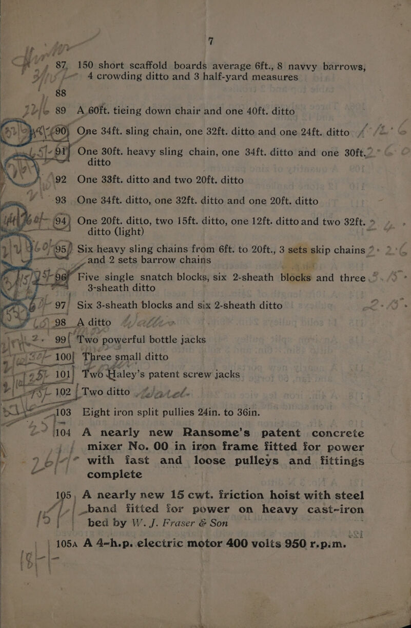 . Tip ees it y | ie oaf wipe iha ma A Ay 87, 150 short scaffold boards average 6ft., 8 navvy barrows, ' &amp; 9s - 4 crowding ditto and 3 half-yard measures f One s 34ft. sling chain, one 32ft. ditto and one 24ft. ditto Ad One 30ft. heavy sling chain, one 34ft. ditto and one 30ft.” ditto 92 One 33ft. ditto and two 20ft. ditto 93 One 34ft. ditto, one 32ft. ditto and one 20ft. ditto gb t 64) One 20ft. ditto, two 15ft. ditto, one 12ft. ditto and two 32ft. | » coed 2 ditto (light) 12) 85) Six heavy sling chains from 6ft. to 20ft., 3 sets skip chains © ~and 2 sets barrow chains Five single snatch blocks, six 2- sheath blocks and three. 3-sheath ditto 975 Six 3- sheath blocks and six 2-sheath ditto 598 Aditto Z/aflev 99 two powerful bottle jacks iar ee Epree 5 small ditto eee ; is =, feet—H > 4 tye | Two ditto. 444 «¢- € ae &amp; &amp; Li y —— a as Eight iron split pores 24in. to 36in. ed 104 A nearly new Ransome’s patent concrete \ ,{ § mixer No. 00 in iron frame fitted for power - .%96/¢ with fast and loose pulleys, and fittings f -— +} eomplete 105 A nearly new 15 cwt. friction hoist with steel i (5 A band fitted for power on heavy cast-iron i 2 | ™ bed by W. J. Fraser &amp; Son re - . uve : — | 105A A 4-h.p. electric motor 400 volts 950 r.p.m.
