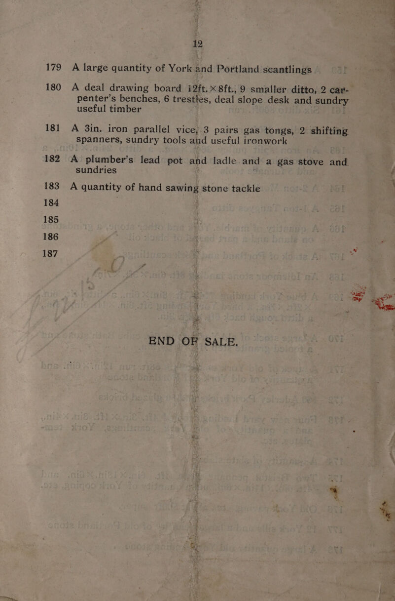 179 A large quantity of York and Portland scantlings 180 A deal drawing board i2ft.x8ft., 9 smaller ditto, 2 car- penter’s benches, 6 tresties, deal slope desk and sundry useful timber 1 181 A 3in. iron parallel vice, 3 pairs gas tongs, 2 shifting Spanners, sundry tools and useful ironwork 182 A plumber’s lead pot and ladle and a gas stove and sundries : 183 A quantity of hand sawing stone tackle 184 ) | | 185 186 187 END OR SALE.