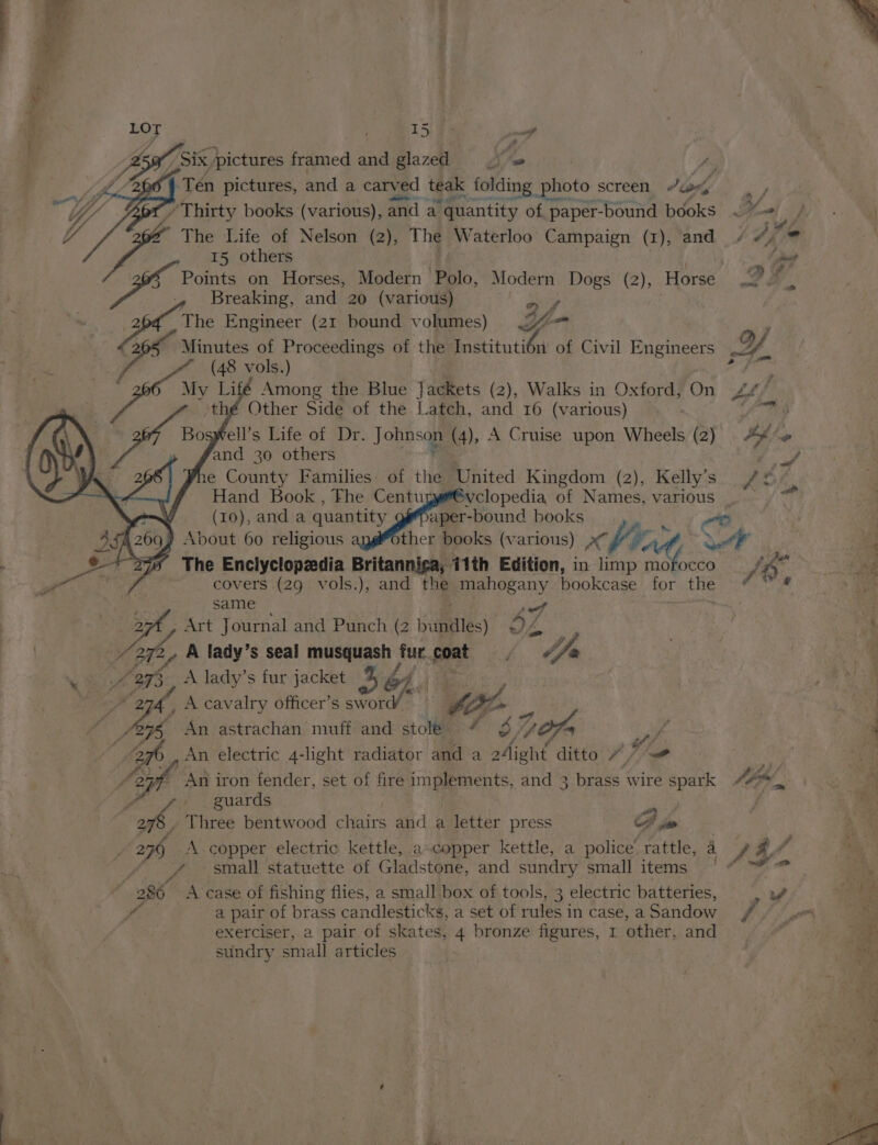 L A Six, pictures framed and glazed X% A, 2 Tén pictures, and a carved teak folding Photo : screen Poti - Thirty books (various), and a “quantity of paper-bound books fe The Life of Nelson (2), The Waterloo Campaign (1), and 15 others ! Pls Points on Horses, Modern Polo, Modern Dogs (2), Horse Breaking, and 20 (various) | es he Engineer (21 bound volumes) ZZ a Minutes of Proceedings of the Institutibn n of Civil Engineers or (48 vols.) ifé Among the Blue Jackets (2), Walks in Oxford, On é Other Side of the Latch, and 16 (various) ell’s Wife Of De Johnson (4), A Cruise upon Wheels (2) Phe County Families: of the United Kingdom (2), Kelly's Hand Book, Fhe Centu vclopedia of Names, 0 (10), and a quantity aper-bound books About 60 religious ther books (various) bind The Enciyclopzdia Britannica, 41th Edition, in limp ay <A covers (29 vols.), and the mahogany bookcase for the a S eee same sch ve Art Journal and Punch (2 bufnelies} 67 ey 2127 A lady’s seal musquash fur. sg F ae ee . La, A lady’s fur jacket S6é Oh. | 294 A cavalry officer’s sword/ ae * An astrachan muff and stole # Oe an » , An electric 4-light radiator and a shane ditto // An iron fender, set of fire a and 3 brass wire spark fe guards ! pe pa Pig bentwood onnire and a letter press CAP lap small statuette of Gladstone, and sundry small items ; 286 A case of fishing flies, a small box of tools, 3 electric batteries, K. a pair of brass candlesticks, a set of rules in case, a Sandow exerciser, a pair of skates, 4 bronze figures, 1 other. and sundry small articles i 4 Af we * 9 my ge