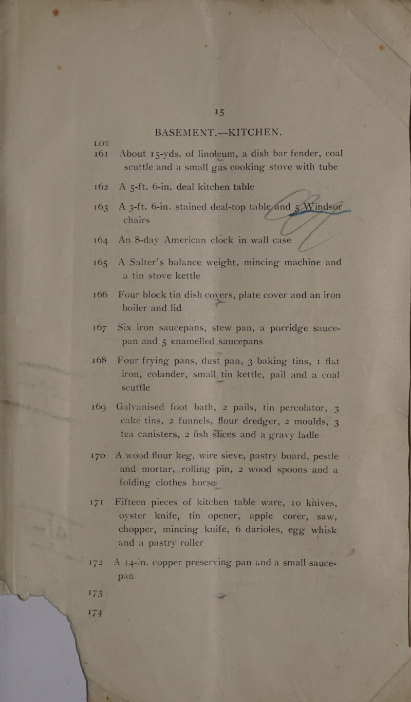161 166 16 N ~ 15 BASEMENT.—KITCHEN. About 15-yds. of linoleum, a dish bar fender, coal scuttle and a small gas cooking stove with tube A 5-ft. 6-in. deal kitchen table e A 3-ft. 6-in. stained deal-top tablevand 5 Windsor chairs eae” Mig i Pa An 8-day American clock in wall case / A Salter’s balance weight, mincing machine and a tin stove kettle Four block tin dish covers, plate cover and an iron boiler and lid Six iron saucepans, stew pan, a porridge sauce- pan and 5 enamelled saucepans Four frying pans, dust pan, 3 baking tins, 1 flat iron, colander, small, tin kettle, pail and a coal scuttle Galvanised foot bath, 2 pails, tin percolator, 3 cake tins, 2 funnels, flour dredger, 2 moulds, 3 tea canisters, 2 fish slices and a gravy ladle A wood :flour keg, wire sieve, pastry board, pestle and mortar, rolling pin, 2 wood spoons and a folding clothes horse, Fifteen pieces of kitchen table ware, 10 knives, oyster knife, tin opener, apple corer, ‘saw, chopper, mincing knife, 6 darioles, egg whisk and a pastry roller A i4-in. copper preserving pan and a small.sauce- pan