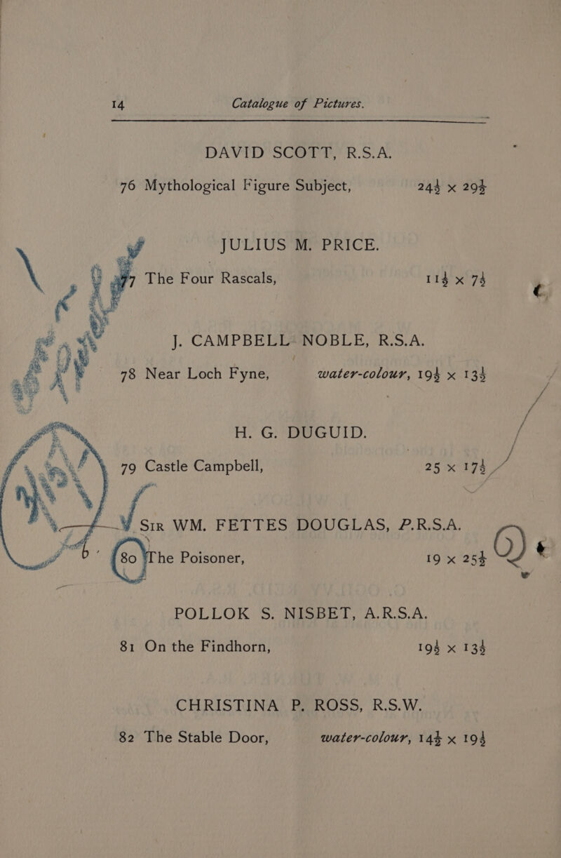POLLOK. Sie LA, BS.A. 81 On the Findhorn, 194 x 134 CHRISTINA: Ban Oss, R.S.'W. 82 The Stable Door, water-colour, 14% x 194 DAVTD SC i RS. Al 76 Mythological Figure Subject, 244 x 203 JULIUS Bi PRICE. : : r ; The Four Rascals, Lig xy ¢ Oa We J. CAMPBELL NOBLE, R.S.A. v¥ 78 Near Loch Fyne, water-colour, 194 x 134 | ‘ ie : H. G. DUGUID. / if \ 79 Castle Campbell, 25x 173 a