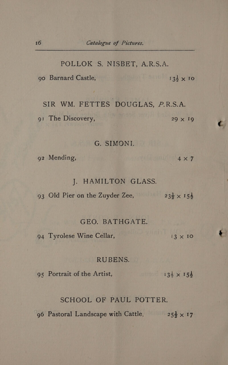 POLEOK 1S. Nigee Tt VALRISIA. go Barnard Castle, 134 x To SIR WM. FETTES ‘DOUGLAS, Pes 91 The Discovery, 29 x I9 G. SIMONI. 92 Mending, 4x7 J. HAMILTON GLASS. 93 Old Pier on the Zuyder Zee, 234 x 154 GEO. BATHGATE. 94 Tyrolese Wine Cellar, 13 x 10 RUBENS. 95 Portrait of the Artist, 134 x 154 SCHOOL OF PAUL POTTER. 96 Pastoral Landscape with Cattle, 254 x 17