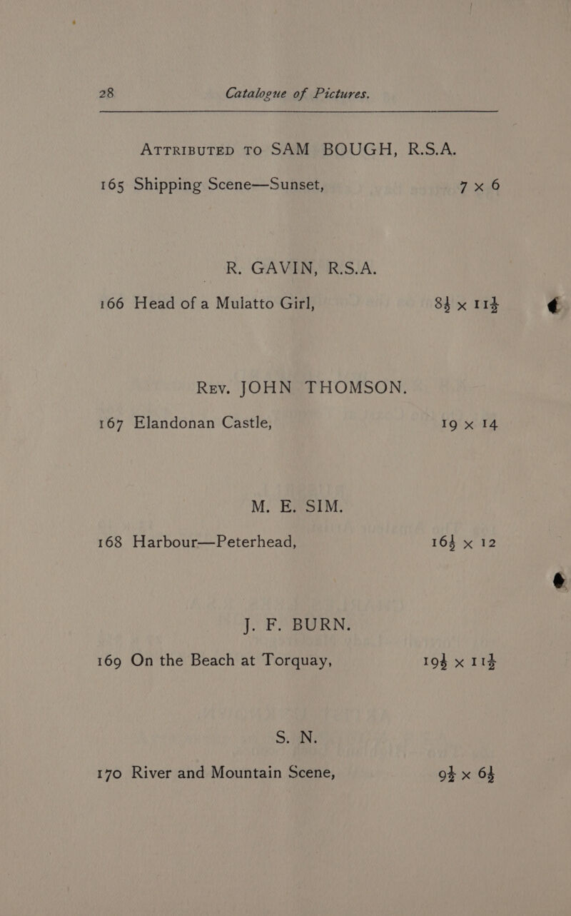 ATTRIBUTED TO SAM BOUGH, R.S.A. 165 Shipping Scene—Sunset, 7x 6 R, GAVEN, RIS-A. 166 Head of a Mulatto Girl, 84 x 11d Rev. JOHN THOMSON. 167 Elandonan Castle, I9 x 14 M. E. SIM. 168 Harbour—Peterhead, 164 x 12 J. Fo BURN: 169 On the Beach at Torquay, 194 x 114 SAN 170 River and Mountain Scene, 9% x 64