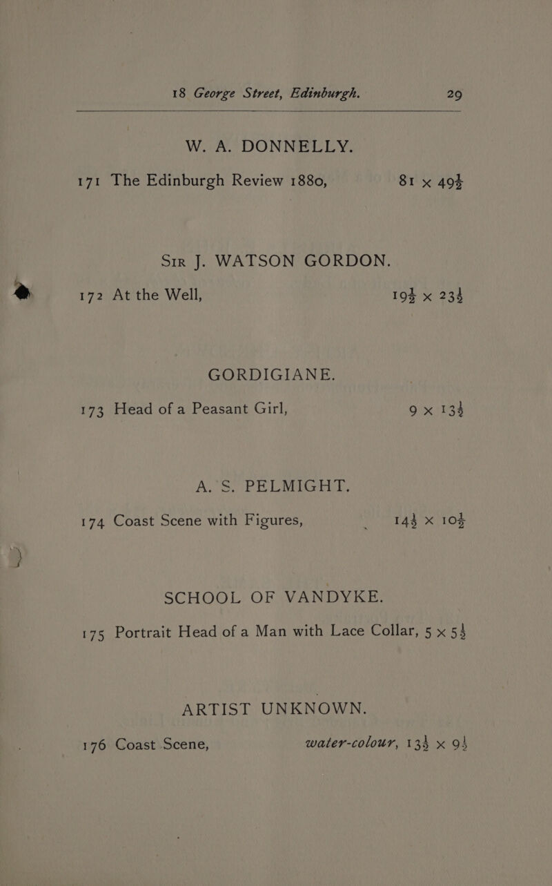 W. A. DONNELLY. 171 The Edinburgh Review 1880, 81 x 493 Sir J. WATSON GORDON. 172 At the Well, 194 x 234 GORDIGIANE. 173 Head of a Peasant Girl, 9 x 134 A. S) PE LMG YS, 174 Coast Scene with Figures, thas x Oe SCHOOL OF VANDYKE. 175 Portrait Head of a Man with Lace Collar, 5 x 53 ARTIST UNKNOWN. 176 Coast Scene, water-colour, 134 x 9}
