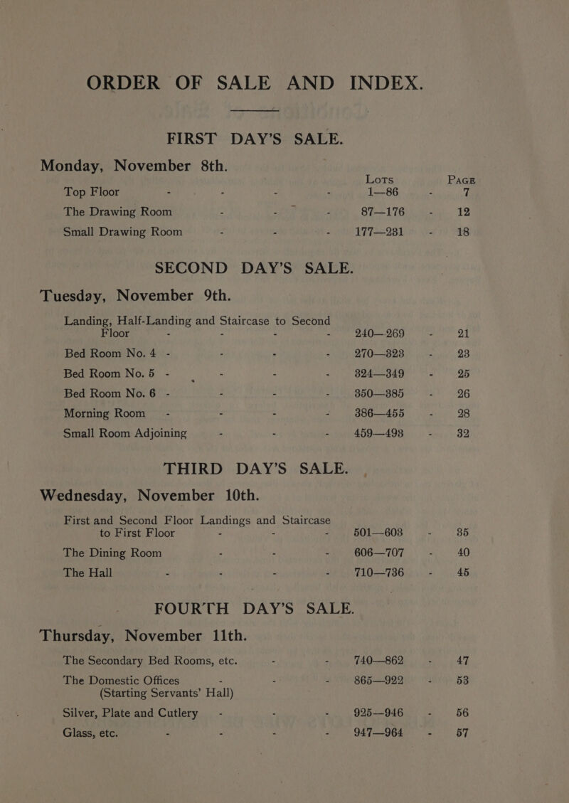 FIRST DAY’S SALE. Monday, November 8th. Lots Top Floor - . . . 1—86 The Drawing Room - ake : 87—176 Small Drawing Room - : - 177—231 SECOND DAY’S SALE. Tuesday, November 9th. Landing, Half-Landing and Staircase to Second Floor . - - - 240—.269 Bed Room No. 4 - . . . 270—8323 Bed Room No.5 - . - : 324—349 Bed Room No.6 - - - - 350—385 Morning Room - . - : 386—455 Small Room Adjoining : : - 459—493 THIRD DAY’S SALE. Wednesday, November 10th. First and Second Floor Landings aud Staircase to First Floor . 501—603 The Dining Room - - - 606—707 The Hall - - - - 710—736 FOURTH DAY’S SALE. Thursday, November 11th. The Secondary Bed Rooms, etc. - 7 740-—862 The Domestic Offices : - 865—922 (Starting Servants’ Hall) Silver, Plate and Cutlery - : - 925—946 Glass, etc. - : : - 947—964 35 40 45 47 53 56 57