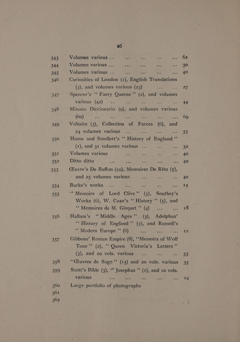 357. 358 359 360 361 362 26 Volumes various ... Volumes various ... Volumes various ... % te Curiosities of London (1), English Translations (3), and volumes various (23) Spencer’s ‘‘ Faery Queene ’”’ (2), and volumes “various (42) Minano Diccionario (9), and volumes various (60) eh re Fe, ve Voltaire (3), Collection of Farces (6), and 24 volumes various ry ni be Hume and Smollett’s ‘‘ History of England ”’ (1), and 31 volumes various Volumes various Ditto ditto a ae te o's (Euvre’s De Buffon (10), Memoires De Rétz (5), and 25 volumes various Burke’s works ; Ex sits qe ‘* Memoirs of Lord Clive’’ (3), Southey’s Works (6), W. Coxe’s ‘‘ History ”’’ (5), and ‘“ Memoires de M. Gisquet ’’ (4) Hallam’s ‘‘ Middle Ages’’ (3), Adolphus’ ‘‘ History of England ’’ (3), and Russell’s ‘“ Modern Europe ”’ (6) yee Gibbons’ Roman Empire (8), ‘‘Memoirs of Wolf Tone ’’ (2), ‘‘ Queen Victoria’s Letters ”’ (3), and 20 vols. various ‘‘CEuvres de Sage’’ (15) and 20 vols. various Scott’s Bible (3), ‘* Josephus ”’ (1), and ro vols. various Large portfolio of photographs 62 30 40 27 44 69 33 32 40 40 40 14 18 12