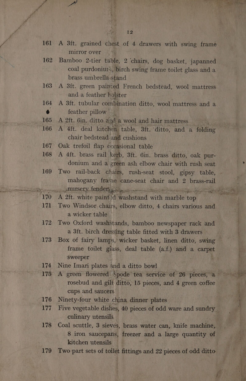 178 179 ‘hee ‘ ; . wee | Uae, Ge On Mae, Oe i 5 ' : ate yy’ SRR ae ay A ie f wets by! An . vet + - ieee). 2 A 3ft. grained chest of 4 drawers with swing frame mirror Over | Bamboo 2-tier table, 2 ‘chairs, dog basket, japanned coal purdoniuta, birch swing frame toilet glass and a brass umbrella:stand A 3ft. green painted French bedstead, wool mattress and a feather holster A 3ft. tubular conden ation ditto, wool mattress and a feather pillow A 2ft. 6in. ditto a: aN a wool and hair mattress ii is A 4ft. deal kitchen table, 3ft. ‘ditto, and a folding : chair bedstead and cushions Oak trefoil flap Cceasional table A 4ft. brass rail kerb, 3ft. Gin. brass ditto, oak pur- donium and a green ash elbow chair with rush seat ag Two rail-back chairs, rush-seat stool, gipsy table, mahogany fra‘ne cane-seat chair and 2 brass-rail _anursery. fenders ee lage neo 4 5 .  Gosek Os ice 5 ae eae sah TR ene Aiea ir Saad es eats ae acti ta on Two Windsor. chairs, elbow ditto, 4 chairs various and 4 a wicker table { Two Oxford washstands, bamboo newspaper rack and a 3ft. birch dressing table fitted with 3 drawers Box of fairy lamps, wicker basket, linen ditto, swing © frame toilet giass, deal table (a.f.) and a carpet sweeper i ‘ m Nine Imari plates and a ditto bowl is . A green flowered. Spode’ tea service of 26 pieces, a ~~ cae rosebud and gilt ditto, 15 pieces, and 4 green coffee i cups and saucers | ae Ninety-four white china dinner plates i : Five vegetable dishies, 40 pieces of odd ware and sundry culinary utensils Wy Coal scuttle, 3 sieves, brass water can, knife machine, 8 iron saucepans, freezer and a large quantity of: oo kitchen utensils He Two part sets of toilet ed and 22 pieces of odd ditto