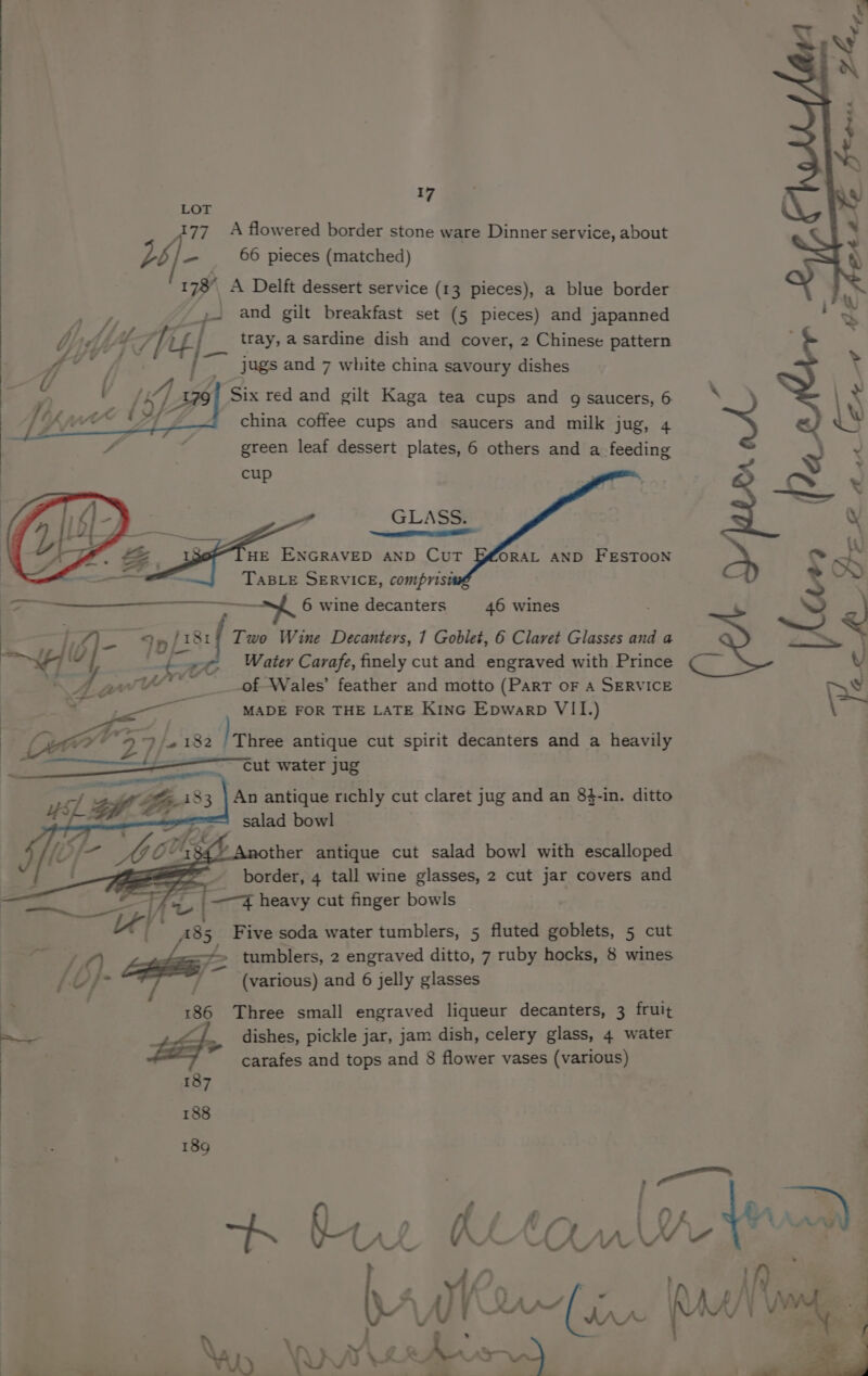 LOT 177 A flowered border stone ware Dinner service, about a FA 66 pieces (matched) 178’ A Delft dessert service (13 pieces), a blue border | and gilt breakfast set (5 pieces) and japanned WM. Y~- Ye if E- tray; a sardine dish and cover, 2 Chinese pattern fee jugs and 7 white china savoury dishes f’ YKA pA china coffee cups and saucers and milk jug, 4 4 : green leaf dessert plates, 6 others and a feeding cup GLASS ee HE ENGRAVED AND CuT ORAL AND FESTOON TABLE SERVICE, compris 6 wine decanters 46 wines ee PE us Two Wine Decanters, 1 Goblet, 6 Clavet Glasses and a “+i Water Carafe, finely cut and engraved with Prince of Wales’ feather and motto (ParT oF A SERVICE MADE FOR THE LATE Kinc Epwarp VII.) wr? 27) 2182 Three antique cut spirit decanters and a heavily eee ut water jug ™~ mie wt Z, i83 | An antique richly cut claret jug and an 84-in. ditto salad bowl ther antique cut salad bowl with escalloped border, 4 tall wine glasses, 2 cut jar covers and ai Five soda water tumblers, 5 fluted goblets, 5 cut + tumblers, 2 engraved ditto, 7 ruby hocks, 8 wines of Oy . ~ (various) and 6 jelly glasses 4 186 Three small engraved liqueur decanters, 3 fruit pane dishes, pickle jar, jam dish, celery glass, 4 water 2 : carafes and tops and 8 flower vases (various) 187 : 188 18g ; ee Nici, Weedon), wy a Za ke pee 0b fertile Ire sn OEL Cal lan fa at ne ee Sw