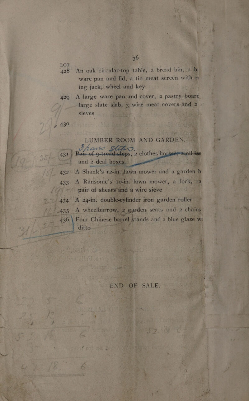 ee / 36 428 An oak circular-top table, a bread bin, a bi ware pan and lid, a tin meat screen with 1 ing jack, wheel and key | large slate slab, 2 wire meat covers and 2 sieves 431 fp B FS oe ang vy and 2 ~~ 432 A Shank? S r2-in. dawn mower and a garden h 433. A Ransome’s yo-in. lawn mowef, a fork, ra «(pair of shears” and a wire sieve . £ a 444) A 24-in. -double-eylinder i iron garden roller 435A wheelbarrow, 2. en seats and 2 chairs. ee > 436 ee Chinese ‘barrel stands and a blue glaze w: uel i ditto | ; Re lhid a oe END OF SALE.
