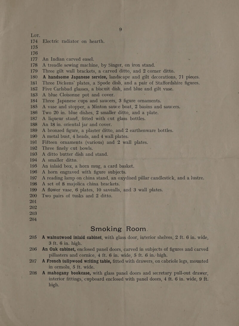 174 175 176 177 178 | he, 180 181 182 183 184 185 186 187 188 189 190 191 192 193 194 195 196 197 198 199 200 201 202 203 204 205 206 207 208 Electric radiator on hearth. An Indian carved easel. A treadle sewing machine, by Singer, on iron stand. Three gilt wall brackets, a carved ditto, and 2 corner ditto. A handsome Japanese service, landscape and gilt decorations, 71 pieces. Three Dickens’ plates, a Spode dish, and a pair of Staffordshire figures. Five Carlsbad glasses, a biscuit dish, and peek and gilt vase. A blue Cloisonne pot and cover. Three Japanese cups and saucers, 3 figure ornaments. A vase and stopper, a Minton sauce boat, 2 basins and saucers. Two 20 in. blue dishes, 2 smaller ditto, and a plate. A liqueur stand, fitted with cut glass bottles. An 18 in. oriental jar and cover. A bronzed figure, a plaster ditto, and 2 earthenware bottles. A metal bust, 4 heads, and 4 wall plates. Fifteen ornaments (various) and 2 wall plates. Three finely cut bowls. A ditto butter dish and stand. A smaller ditto. An inlaid box, a horn mug, a card basket. A horn engraved with figure subjects. A reading lamp on china stand, an oxydised pillar candlestick, and a lustre. A set of 8 majolica china brackets. A flower vase, 6 plates, 10 savealls, and 3 wall plates. Two pairs of tusks and 2 ditto. Smoking Room. A walnutwood inlaid cabinet, with glass door, interior shelves, 2 ft. 6 in. ae 3 ft. 6 in. high. An Oak cabinet, enclosed panel doors, carved in subjects of figures and carved pillasters and cornice, 4 ft. 6 in. wide, 5 ft. 6 in. high, A French tulipwood writing table, fitted with drawers, on cabriole legs, mounted in ormolu, 5 ft. wide. A mahogany bookcase, with glass panel doors and secretary pull-out drawer, interior fittings, cupboard enclosed with panel doors, 4 ft. 6 in. wide, 9 ft. high,