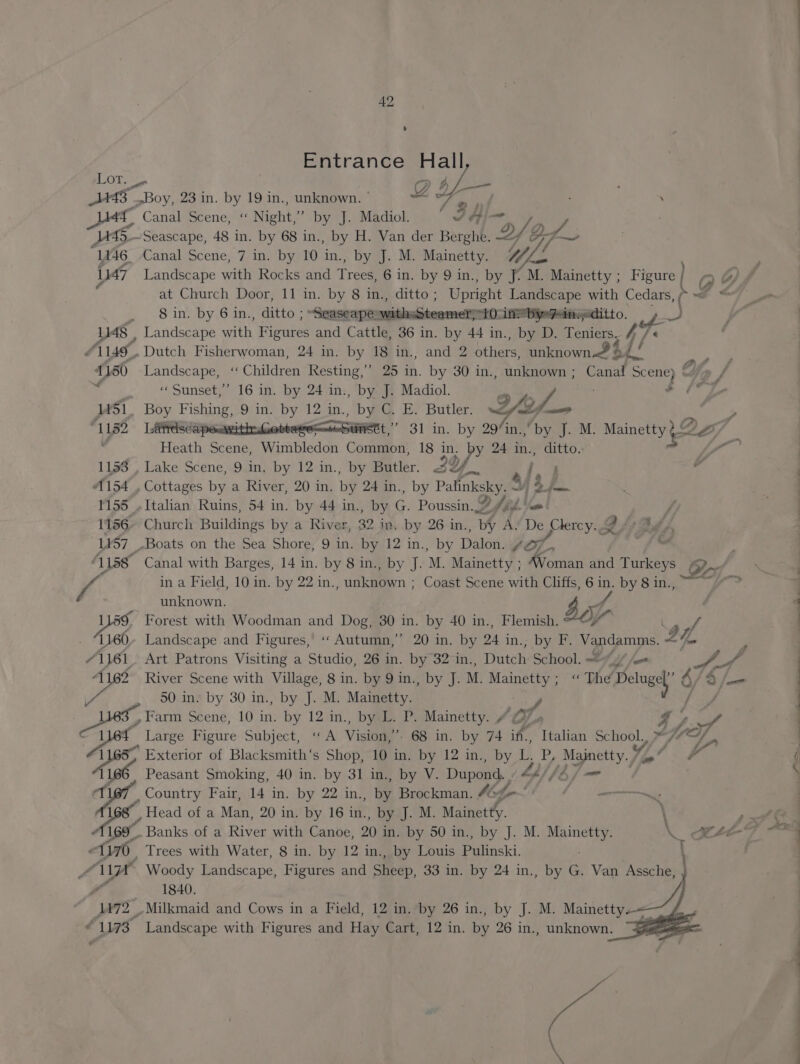 42 Entrance Hall Lor. eo, 4 fs } 443° Boy, 23 in. by 19 in., unknown. ” * ln inl : . 7 Canal Scene, «“ Night, ” by J. Madiol. ' A Aion A “uss ~Seascape, 48 in. by 68 in., by H. Van der Berghe. Ly, BS ~~ 1146. Canal Scene, 7 in. by 10 in., by J. M. Mainetty. Ws : 147 Landscape with Rocks and Treg 6 in. by 9 in., by J. M. Mainetty ; Figure G ~ at Church Door, 11 in. by 8 in., ditto ; Woren Landscape with Cedars i e&lt; _ 8 in. by 6 in., ditto ; Seaseaper suitiaabitenenctrest in byeFin. ditto. oe a 1148 , Landscape waite Figures and Cattle, 36 in. by 44 in., by D. Teniers, 4 f&lt; 1149, Dutch Fisherwoman, 24 in. by 18 in., and 2 bthers, unknown? &amp; 2 j/ 1150 Landscape, ‘Children Resting,’ 25 in. by 30 in., unknown; Canal Scene} Yf, ee « Sunset,” 16 in. by 24 in., by J. Madiol. 9% _ $ fi 1451, Boy Fishing, 9 in. by 12 in., by C. E. Butler. wapat 4 1g5 | aeOSeepeaiticotte SOR,” 31 in. by 294n.by J. M. Mainetty2S 227 ; Heath Scene, Wimbledon Common, 18 in. sy PY 24 in., ditto. 1153 , Lake Scene, 9 in. by 12 in., by Butler. sy. oP 1154 , Cottages bi a River, 20 in. by 24 in., by Palinksky. 4 1 2 fam 1155 .Italian Ruins, 54 in. by 44 in., by G: Poussin. Y fii an / 1156 Church Buildings by a River, 39 in. by 26 in. ar AS De Clercy. 2 fo Zot s, L¥57 _-Boats on the Sea Shore, 9 in. by 12 in., by Daler: f a we ’ ‘LSS Canal with Barges, 14 in. by 8 in., by J. M. Mainetty ; AVoman and Turkeys On rs in a Field, 10 in. by 22 in. unknown ; Coast Scene with Cliffs, 6 i y by Sing. ae __ unknown su 1159, Forest with Woodman and Dog, 30 in. by 40 in., Flemish. * / 1160 Landscape and Figures, «‘ Autumn,’ 20 in. by 24 in.; by F. Vandamms. i (i 4 1161 Art Patrons Visiting a Studio, 26 in. by 32 in., Dutch School. = /o# Bi P: A River Scene with Village, 8 in. by 9 in., by J. M. apes’ ; «The Deluge 4 9 ja a 50 in. by 30 in., by J. M. Mainetty. id fa , Farm Scene, 10 in. by 12 in., by L. P. Mainetty. A OZ. 4Y/ rr Large Figure Subject, «A Vision,”. 68 in. by 74 if., Italian SPs w}t oy A Exterior of Blacksmith‘s Shop, 10 in. by 12 in., by L. s Ea oe y | Sag ‘ tet, Country Fair, 14 in. by 22 in., by Brockman. #69 ( nl 1 Head of a Man, 20 in. by 16 in., by J. M. Maint \ s *~ 8 ‘ «1170 Trees with Water, 8 in. by 12 in., by Louis Pulinski. : male Woody Landscape, Figures and Smeep, 33 in. by 24 in., by G. Van Assche, ‘7 1840. 1472 _ Milkmaid and Cows in a Field, 12 in. by 26 in., by J. M. Mainetty “1173 Landscape with Figures and Hay Cart, 12 in. by 26 in., unknown. oo