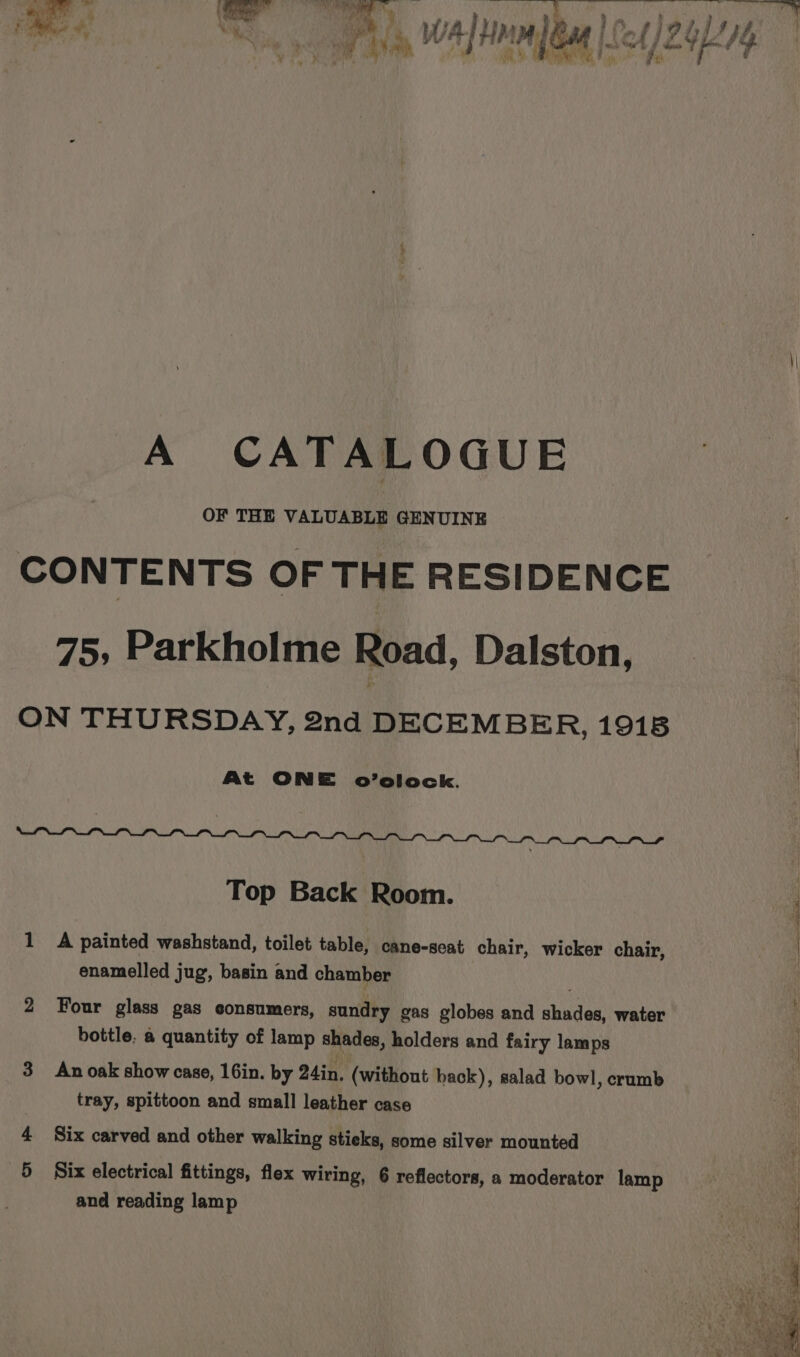 a ei yt AL ate 4, a Dot be 14 ’ Ps, + a =, rs a Ben A CATALOGUE OF THE VALUABLE GENUINE CONTENTS OF THE RESIDENCE 75, Parkholme Road, Dalston, ON THURSDAY, 2nd DECEMBER, 1918 At ONE o’olock. Top Back Room. 1 A painted washstand, toilet table, cane-seat chair, wicker chair, enamelled jug, basin and chamber 2 Four glass gas consumers, sundry gas globes and shades, water bottle, a quantity of lamp shades, holders and fairy lamps 3 An oak show case, 16in. by 24in, (without back), salad bowl, crumb tray, spittoon and small leather case Six carved and other walking stieks, some silver mounted Six electrical fittings, flex wiring, 6 reflectors, a moderator lamp and reading lamp