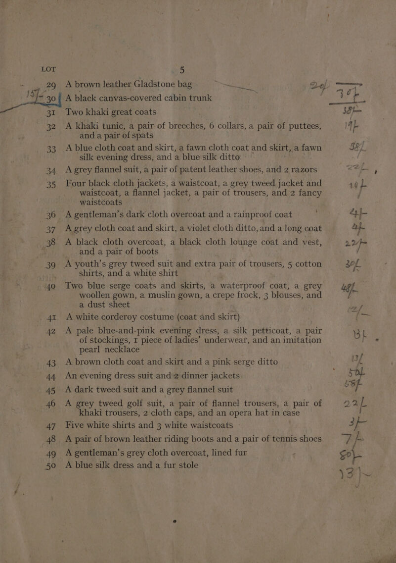 A brown leather Gladstone bag A black canvas-covered cabin trunk Two khaki great coats A khaki tunic, a pair of breeches, 6 collars, a pair of puttees, and a pair of spats A blue cloth coat and skirt, a fawn cloth coat and skirt, a fawn silk evening dress, and a blue silk ditto — A grey flannel suit, a pair of patent leather shoes, and 2 razors Four black cloth jackets, a waistcoat, a grey tweed jacket and waistcoat, a flannel jacket, a pair of trousers, and 2 fancy waistcoats A gentleman’s dark cloth overcoat and a rainproof coat : A grey cloth coat and skirt, a violet cloth ditto, and a long coat A black cloth overcoat, a black cloth lounge coat and vest, and a pair of boots shirts, and a white shirt Two blue serge coats and skirts, a waterproof coat, a grey woollen gown, a muslin gown, a crepe frock, 3 blouses, and a dust sheet A white corderoy costume (coat and skirt) A pale blue-and-pink evening dress, a silk petticoat, a pair of stockings, 1 piece of ladies’ underwear, and an imitation pearl necklace A brown cloth coat and skirt and a pink serge ditto An evening dress suit and 2 dinner jackets A dark tweed suit and a grey flannel suit A grey tweed golf suit, a pair of flannel trousers, a pair of khaki trousers, 2 cloth caps, and an opera hat in case Five white shirts and 3 white waistcoats - A pair of brown leather riding boots and a pair of tennis shoes A gentleman’s grey cloth overcoat, lined fur A blue silk dress and a fur stole