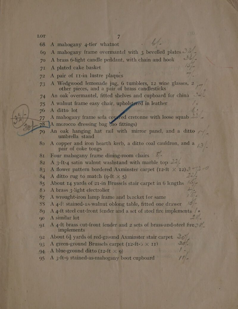 ww 9 S WwW WN Oo © OO © a 7 | Ve, A mahogany 4-tier whatnot + 6% A mahogany frame overmantel with 3 bevelled plates a ke A brass 6-light candle pendant, with chain and hook * , P &gt; A plated cake basket 3 og oe A pair of r1-in lustre plaques other pieces, and a pair of brass candlesticks A walnut frame easy chair, upholsteféd in leather . A ditto lot ed cretonne with loose squab ~ A morocco dressing bag tno fittings) umbrella stand A copper and iron hearth kerb, a ditto coal cauldron, and a pair of coke tongs Four mahogany frame dining-room chairs A 3-ft-4 satin walnut washstand with marble top tie A flower pattern bordered Axminster carpet (12-ft x 12)9 ~~ - (a @ A ditto rug to match (g-ft x 5) oo “fo A wrought-iron lamp frame and biacket for same A 4-f: stained-as-walnut oblong table, fitted one drawer A 4-it steel cut-f front fender and a set of steel fire implements /» A similar lot 2h. A 4-ft brass cut-front fender and 2 sets of brass-and-steel fire? implements About 64 yards of red-grc one Axminster stair carpet »2¢/ if A green-ground Brussels carpet (12-ft-5 * 11) iO) Oj A 3-ft-9 stained-as-mahogany boot cupboard ~~ ft).