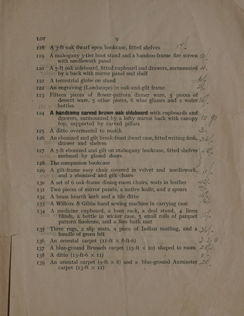 #48 A srt ‘oak dwarf open bookcase, fitted shelves / %/ | 11g A mahogany 3-tier boot stand and a bamboo frame fire screen @ with needlework panel. 4 120 wi : ft oak sideboard, fitted cupboard and ere: surmounted ¢/, 700 36°: by a back with mirror panel and shelf of ) 12% A terrestrial globe on stand | | 64 122 An engraving (Landscape) in oak-and-gilt frame 4, 123 Fifteen pieces of flower- -pattern dinner ware, 5 pieces of i dessert ware, 5 other pieces, 6 wine glasses and 2 water / 5/, “bottles 124 A handsome carved brown oak sideboard with cupboards and ‘ drawers, surmounted by a lofty mirror back with canopy //’ Go top, supported by carved pillars 125 A ditto overmantel to match ?s : 126 An ebonized and gilt break-front dwarf case, fitted writing desk, , “.* “drawer and shelves 127 A 5-ft ebonized and gilt on mahogany bookcase, fitted shelves | . of «o&gt; o enclosed. by glazed doors \ 128; The:companion bookcase } / 129 A gilt-frame easy chair covered in velvet and needlework, Me ow? 9 and 2 ebonized and: gilt chairs Ley a 130 A set of 6 oak-frame dining-room chairs, seats in leather “#« fa 131 Two pieces of mirror panels, a native knife, and 2 spears iy0 132 A brass hearth kerb and a tile ditto 15 fw, 133°°A W illcox &amp; Gibbs hand sewing machine in carrying case Cf. 134 A medicine cupboard, a boot rack, a deal stand, 4 linen ./ ~S° ©. Blinds, a bottle in wicker case, 5 small rolls of parquet /»)» pattern linoleum, and a lino bath mat 135) Three rugs, 2 slip mats, a piece of Indian matting, and a e/ ~S°-° bundle of green felt a 136. An oriental carpet (11-ft x 8-ft-6) 2.49 G 137 A blue-ground Brussels carpet (15-ft x 10) shaped to room ~ #4. 138 A ditto (13-ft-6 x II) MJ &lt; 139 An oriental carpet (g-ft x 8) and a _ blue- “ground Axminster mt carpet (13-ft x II) ; :