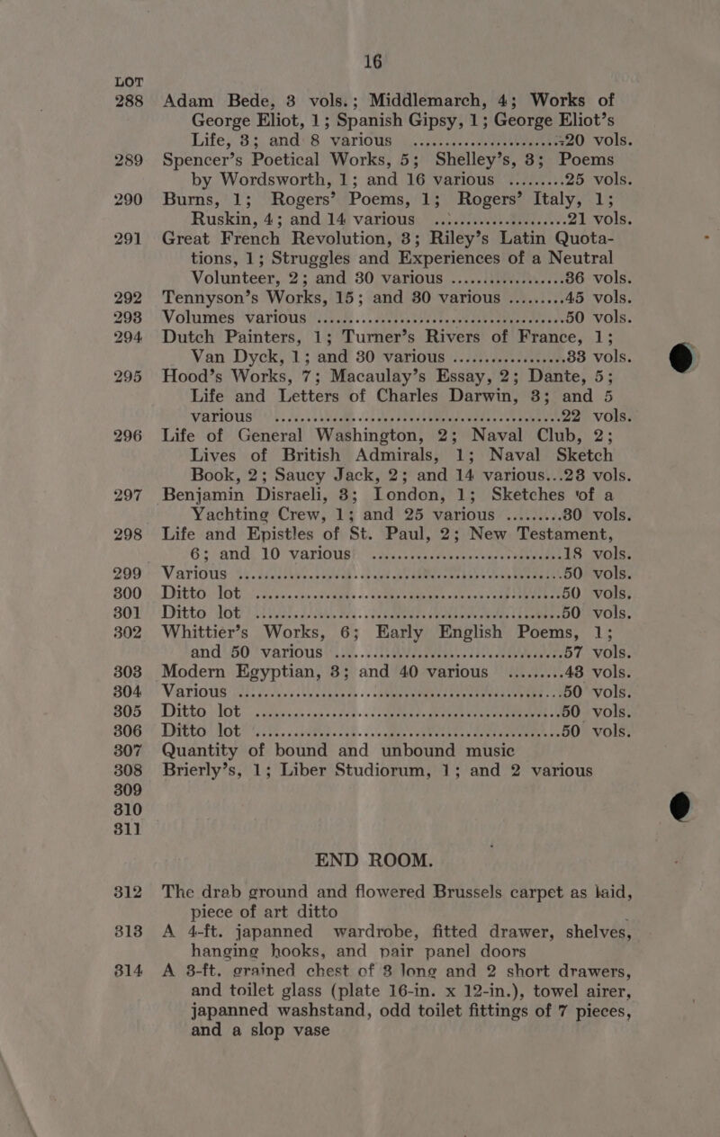 811 312 313 314 16 Adam Bede, 3 vols.; Middlemarch, 4; Works of George Eliot, 1; Spanish Gipsy, 1; George Eliot’s Life, 33. andy 8) Various: i. :icsev-.sdoesteeemreneeeO VOIS. Spencer’s Poetical Works, 5; Shelley’s, 3; Poems by Wordsworth, 1; and 16 various ......... 25 vols. Burns, 1; Rogers’ Poems, 1; Rogers’ Italy, 1; Ruskin, 43 andsl4) various: 03.04.00) Gace. se 21 vols. Great French Revolution, 3; Riley’s Latin Quota- tions, 1; Struggles and Experiences of a Neutral Volunteer, 2; and 30 Various .............0000. 36 vols. Tennyson’s Works, 15; and 80 various ......... 45 vols. Wonumes varlougiiigam .\. Bvare tears. ph ea 50 vols. Dutch Painters, 1; Turner’s Rivers of France, 1; Van Dyck, 1; and 30 various ...............00. 33 vols. Hood’s Works, 7; Macaulay’s Essay, 2; Dante, 5; Life and Letters of Charles Darwin, 3; and 5 Various!) 5; t,s. eee «ce Oey OeCEe ete ete Cro pee ee 22 vols. Life of General Washington, 2; Naval Club, 2; Lives of British Admirals, 1; Naval Sketch Book, 2; Saucy Jack, 2; and 14 various...28 vols. Benjamin Disraeli, 3; London, 1; Sketches ‘of a Yachting Crew, 1; and 25 various ......... 30 vols. Life and Epistles of St. Paul, 2; New Testament, | 6 > ands 10! VANIOUS! dncis ses vetb eran s seus eae iene 18 vols. Various: 32-700 ed. 28 SUR eh ee 50 vols. Ditto lot soe isne a: fdas. eMepe Rebbe cabaes oud ED 50 vols. Ditto, WORT, IAG SA. | 1, Pee ee, ee 50 vols. Whittier’s Works, 6; Early English Poems, 1; and'50 various Vik. .. Tia gen. 2 i. cee enters 57 vols. Modern Egyptian, 3; and 40 various ......... 43 vols. Varios (oi 205, UTLo . . See ie era eee 50 vols. DrtbG HOG. eae’ ceses Ark. «Saeed ar oak ane orPemennnE se 50 vols. DItta Mote GS. doe AA. |, eee ee eee 50 vols. Quantity of bound and unbound music Brierly’s, 1; Liber Studiorum, 1; and 2 various END ROOM. The drab ground and flowered Brussels. carpet as laid, piece of art ditto A 4-ft. japanned wardrobe, fitted drawer, shelves, hanging hooks, and pair panel doors A 8-ft. grained chest of 8 long and 2 short drawers, and toilet glass (plate 16-in. x 12-in.), towel airer, japanned washstand, odd toilet fittings of 7 pieces, and a slop vase