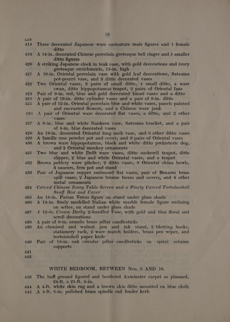 423 424. 425 A206 19 Three decorated Japanese ware caricature male figures and 1 female ditto A 14-in. decorated Chinese porcelain grotesque bell ringer and 5 smaller ditto figures A striking Japanese clock in teak case, with gold decorations and ivory grotesque enrichments, 15-in. high A 10-in. Oriental porcelain vase with gold leaf decorations, Satsuma pot-pourri vase, and 3 ditto decorated vases Two Oriental vases, 3 pairs of small ditto, 4 small ditto, a ware swan, ditto hippopotamus teapot, 2 pairs of Oriental fans Pair of 9-in. red, blue and gold decorated Imari vases and a ditto A pair of 13-in. ditto cylinder vases and a pair of 9-in. ditto A pair of 12-in. Oriental porcelain blue and white vases, panels painted and encrusted flowers, and a Chinese ware junk A pair of Oriental ware decorated flat vases, a ditto, and 2 other vases A 9-in. blue and white Nankeen vase, Satsuma bracket, and a pair of 8-in. blue decorated vases An 18-in. decorated Oriental long neck vase, and 6 other ditto vases A famille rose powder pot and cover, and 3 pairs of Oriental vases A brown ware hippopotamus, black and white ditto prehistoric dog, and 2 Oriental monkey ornaments Two blue and white Delft ware vases, ditto cockerell teapot, ditto slipper, 2 blue and white Oriental vases, and a teapot Brown pottery ware pitcher, 2 ditto vases, 9 Oriental china bowls, 8 saucers, fern pot and stand Pair of Japanese copper embossed flat vases, pair of Benares brass spill vases, 2 Japanese bronze boxes and covers, and 4 other metal ornaments Carved Chinese Ivory Table Screen and a Finely Carved Tortoiseshell Snuff Bow and Cover An 18-in. Parian Venus figure on stand under glass shade A 14-in. finely modelled Italian white marble female figure reclining on settee, on stand under glass shade A 12-in. Crown Derby 2-handled Vase, with gold and blue floral and scroll decorations A pair of 9-in. ormolu brass pillar candlesticks An ebonised and walnut pen and ink stand, 2 blotting books, stationery rack, 2 ware match holders, brass pen wiper, and tortoiseshell paper knife Pair of 18-in. oak circular pillar candlesticks on spiral column supports WHITE BEDROOM, BETWEEN Nos:.9 AND 10. The buff ground figured and bordered Axminster carpet as planned, 24-ft. x 21-ft. 6-in. A 4-ft. white skin rug and a brown skin ditto mounted on blue cloth A 4-ft, 6-in. polished brass spindle rail fender kerb