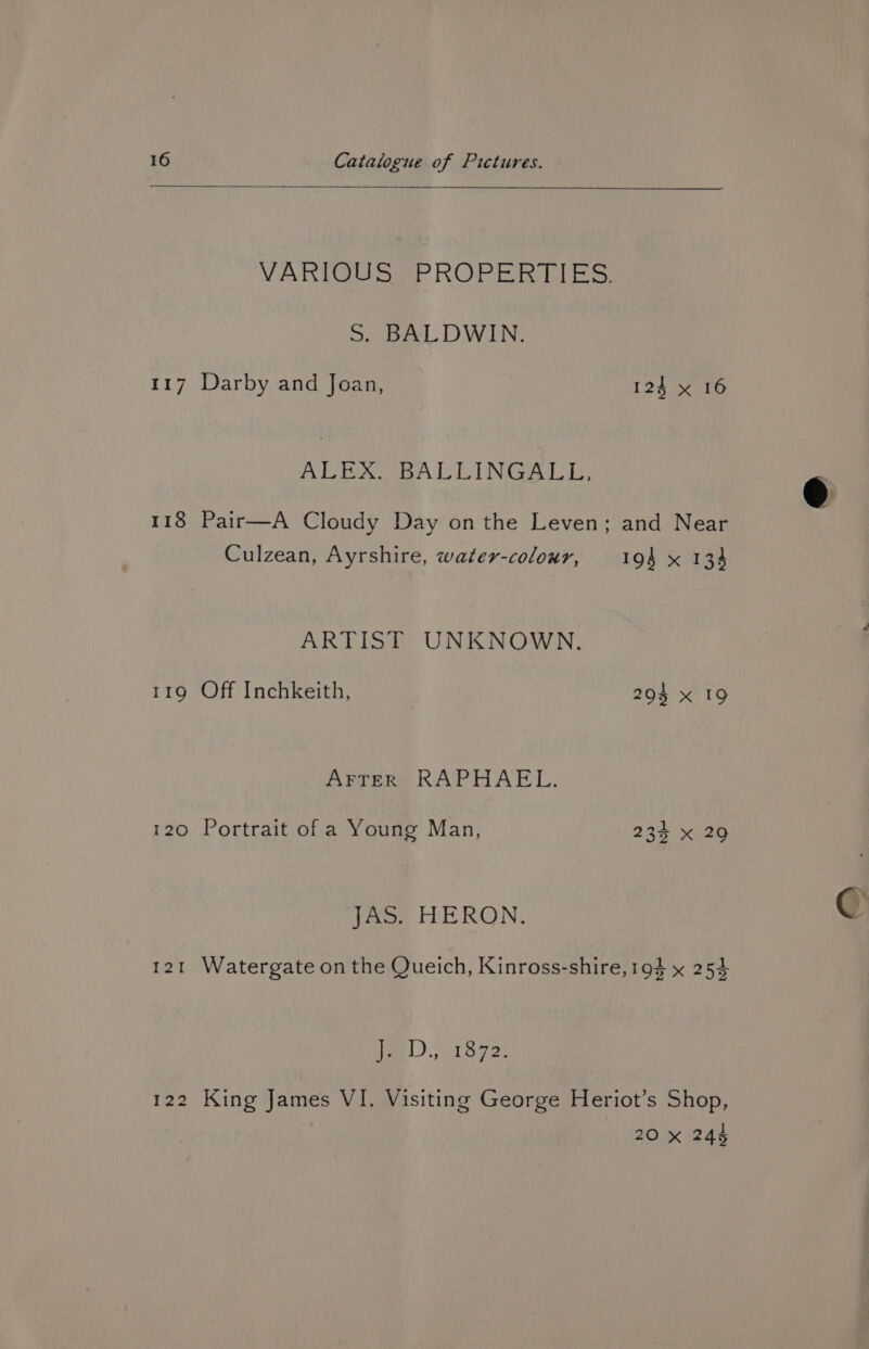 VARIOUS 2PROPERTIES: Ss. BALDWIN. 117 Darby and Joan, 124 x 16 ALEX OA LEINGAL by 118 Pair—A Cloudy Day on the Leven; and Near Culzean, Ayrshire, water-colour, 194) x 133 ARTIST UNKNOWN. 119 Off Inchkeith, 294 x 19 AFTER RAPHAEL. 120 Portrait of a Young Man, 234 x 29 JAS. HERON. 121 Watergate on the Queich, Kinross-shire, 194 x 254 jae) 8 724 122 King James VI. Visiting George Heriot’s Shop, 20 x 24%