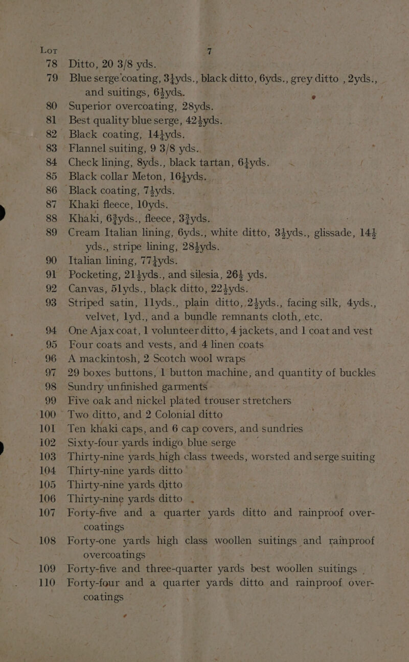Lor 7 Ditto, 20 3/8 yds. Blue serge'coating, 3}yds., black ditto, 6yds., grey ditto , 2yds., and suitings, 64yds. Superior overcoating, 28yds. Best quality blue serge, 424yds. Flannel suiting, 9 3/8 yds.. Check lining, 8yds., black tartan, 64yds. K Black collar Meton, 164yds. | Khaki, 63yds., fleece, 33yds. Cream Italian lining, 6yds., white ditto, 34yds., glissade, 144 yds., stripe lining, 284yds. Italian lining, 77tyds. Pocketing, 214yds., and silesia, 264 yds. Canvas, 5lyds., black ditto, 224yds. Striped satin, llyds., plain ditto, 2}yds., facing silk, 4yds., velvet, lyd., and a bundle remnants cloth, etc. One Ajax coat, 1 volunteer ditto, 4 jackets, and 1 coat and vest Four coats and vests, and 4 linen coats A mackintosh, 2 Scotch wool wraps 29 boxes buttons, | button machine, and quantity of buckles Sundry unfinished garments Five oak and nickel plated trouser stretchers Ten khaki caps, and 6 cap covers, and sundries Sixty-four yards indigo blue serge Thirty-nine yards high class tweeds, worsted and serge suiting Thirty-nine yards ditto Thirty-nine yards ditto Thirty-nine yards ditto . Forty-five and a ase yards | ditto and rainproof over- coatings Forty-one yards high class woollen suitings and rainproof overcoatings Forty-five and three- quarter ee best woollen suitings | Forty-four and a quarter yards ditto and rainproof over- coatings © | ¢
