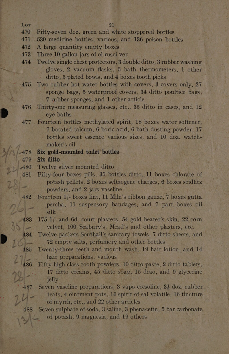 470 47] 472 473 474 476 Fifty-seven doz. green and white stoppered bottles 530 medicine. bottles, various, and 136 poison bottles A large quantity empty boxes Three 10 gallon jars of ol rusci ver Twelve single chest protectors, 3 double ditto, 3 rubber washing gloves, 2 vacuum flasks, 5 bath thermometers, 1 other ditto, 5 plated bowls, and 4 boxes tooth picks Two rubber hot water bottles with covers, 3 covers only, 27 sponge bags, 5 waterproof.covers, 34 ditto poultice bags, 7 rubber sponges, and 1 other article . Thirty-one measuring glasses, etc., 35 ditto in cases, and 12 eye baths Fourteen bottles methylated spirit, 18 boxes water softener, 7 borated talcum, 6 boric acid, 6 bath dusting powder, 17 bottles sweet essence various sizes, and 10 doz. watch- maker’s oil Six gold-mounted toilet’ hottles Six ditto Twelve silver mounted ditto | Fifty-four boxes pills, 35, bottles ditto, 11 boxes chlorate of potash pellets, 2 boxes seltzogene charges, 6 peeaes seidlitz powders, and 2 jars vaseline Fourteen 1/- boxes lint, 11 Miln’s ribbon gauze, 7 boxes gutta percha, 11 suspensory bandages; and 7 part boxes oil. silk | 175 1/- and 6d. court plasters, 54 gold beater’s skin, 22 corn velvet, 100 Seabury’s, Mead’s and other plasters, etc. Twelve packets Southall’s sanitary towels, 7 ditto sheets, and 72 empty salts, perfumery and other bottles Twenty-three teeth and mouth wash, 19 hair lotion, and 14. hair preparations, various 17 ditto creams, 45 ditto soap, 15 drao, and 9 glycerine jelly Seven vaseline Saeco 3 vapo cresoline, 34 doz. rubber teats, 4 ointment pots, 16 spirit of-sal volatile, 16 tincture of myrrh, etc., and 22 other articles |