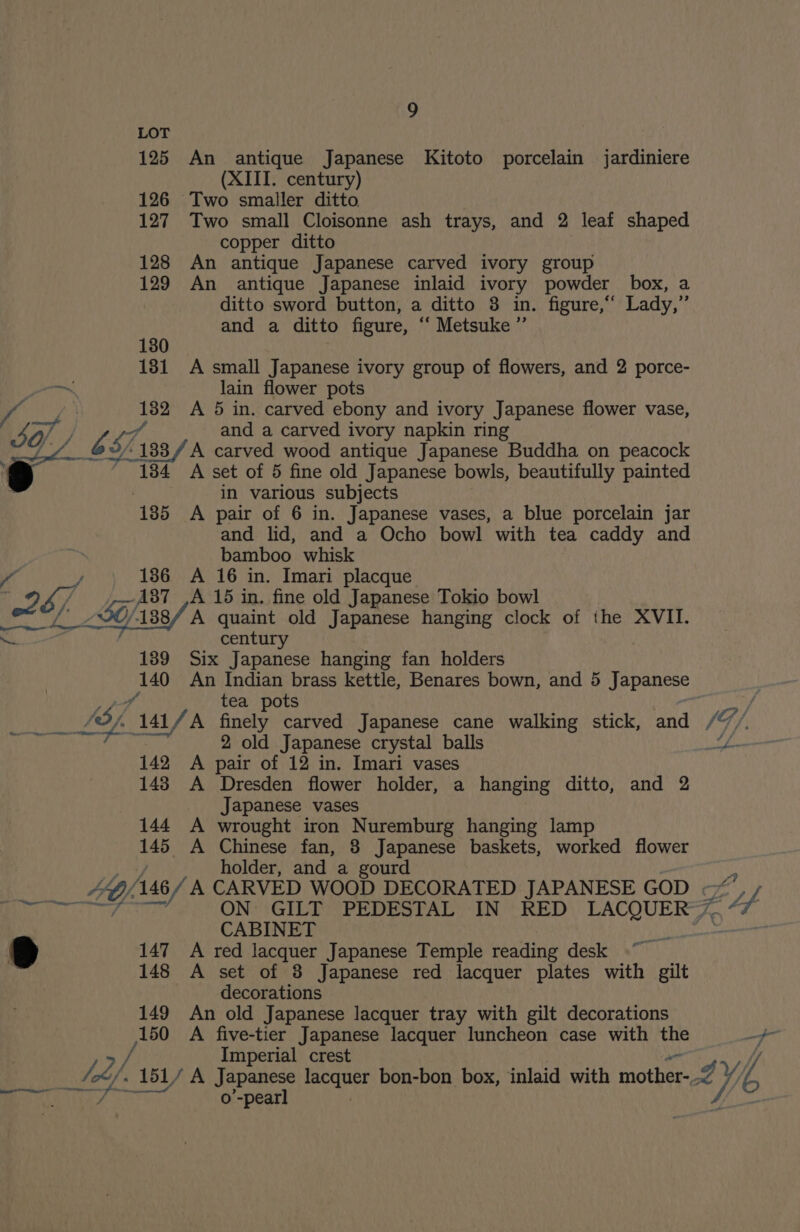 f 9 LOT 125 An antique Japanese Kitoto porcelain § jardiniere (XIII. century) 126 Two smaller ditto 127 Two small Cloisonne ash trays, and 2 leaf shaped copper ditto 128 An antique Japanese carved ivory group 129 An antique Japanese inlaid ivory powder box, a ditto sword button, a ditto 3 in. figure,“‘ Lady,” and a ditto figure, ‘‘ Metsuke ” 130 181 A small Japanese ivory group of flowers, and 2 porce- lain flower pots Pin A 5 in. carved ebony and ivory Japanese flower vase, and a carved ivory napkin ring SL33/ 4 carved wood antique Japanese Buddha on peacock 134 A set of 5 fine old Japanese bowls, beautifully painted in various subjects 185 A pair of 6 in. Japanese vases, a blue porcelain jar and lid, and a Ocho bowl with tea caddy and bamboo whisk ees 18, ee eae 138/ A quaint old Japanese hanging clock of ihe XVII. century 189 Six Japanese hanging fan holders 140 An Indian brass kettle, Benares bown, and 5 Japanese oo whe ema 2 old Japanese crystal balls 142 A pair of 12 in. Imari vases 143 A Dresden flower holder, a hanging ditto, and 2 Japanese vases 144 A wrought iron Nuremburg hanging lamp 145 A Chinese fan, 8 Japanese baskets, worked flower holder, and a gourd ON GILT PEDESTAL IN RED LACQUER CABINET 147 A red lacquer Japanese Temple reading desk 148 A set of 8 Japanese red lacquer plates with gilt decorations 149 An old Japanese lacquer tray with gilt decorations 150 A five-tier Japanese lacquer luncheon case with the Imperial crest — a o’-pearl {G / yp ‘lee ah