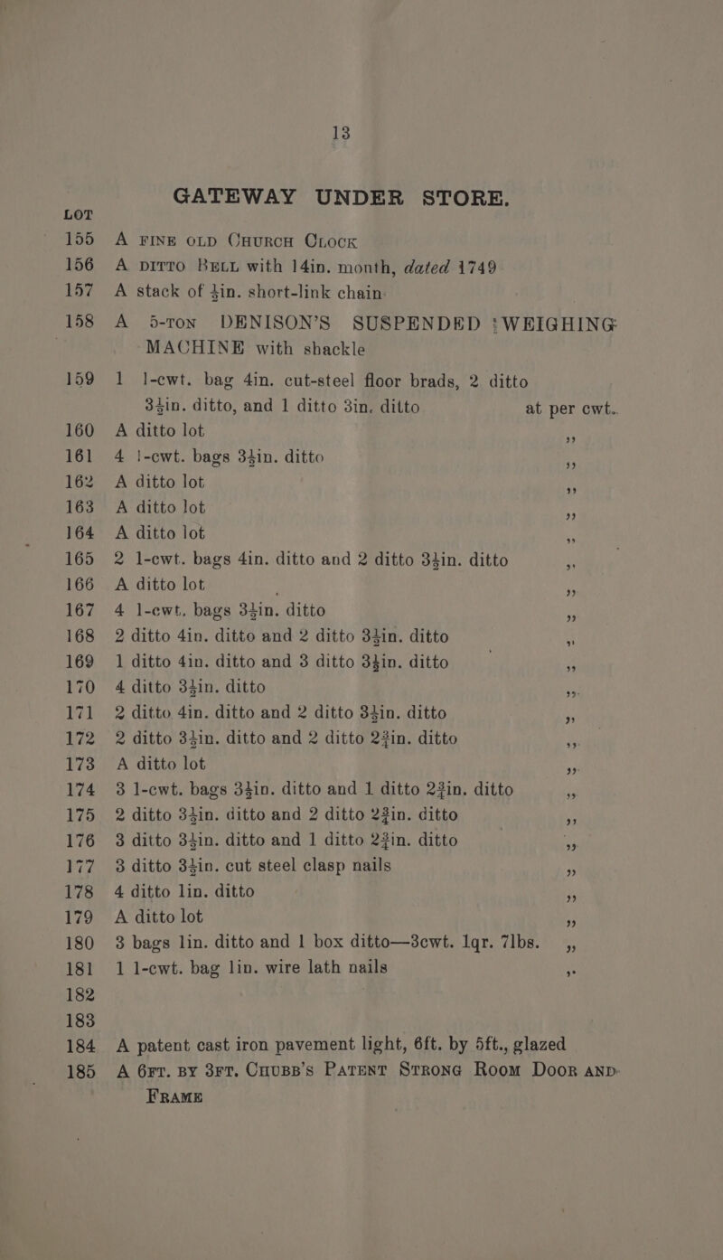 GATEWAY UNDER STORE. A FINE OLD OHnurRcH CLocK A pitto BELL with 14in. month, dated 1749 A stack of din. short-link chain: A 5-ton DENISON’S SUSPENDED : WEIGHING MACHINE with shackle 1 l-cwt. bag 4in. cut-steel floor brads, 2 ditto 3$in. ditto, and 1 ditto 3in. ditto at per cwt.. A ditto lot 4 |-cwt. bags 34in. ditto A ditto lot A ditto lot A ditto lot 2 l-cwt. bags 4in. ditto and 2 ditto 34in. ditto A ditto lot 4 l-ewt. bags 3tin. ditto 2 ditto 4in. ditto and 2 ditto 34in. ditto 1 ditto 4in. ditto and 3 ditto 34in. ditto 4 ditto 34in. ditto 2 ditto 4in. ditto and 2 ditto 34in. ditto 2 ditto 34in. ditto and 2 ditto 23in. ditto A ditto lot 3 l-cwt. bags 34in. ditto and 1 ditto 23in. ditto 2 ditto 34in. ditto and 2 ditto 2#in. ditto 3 ditto 3iin. ditto and 1 ditto 23in. ditto 3 ditto 34in. cut steel clasp nails 4 ditto lin. ditto A ditto lot 3 bags lin. ditto and | box ditto—38cwt. qr. 7lbs. 1 1-cwt. bag lin. wire lath nails A patent cast iron pavement light, 6ft. by 5ft., glazed A 6Ft. BY 3FT. CuUBB’s Patent Strona Room Door Anp- FRAME