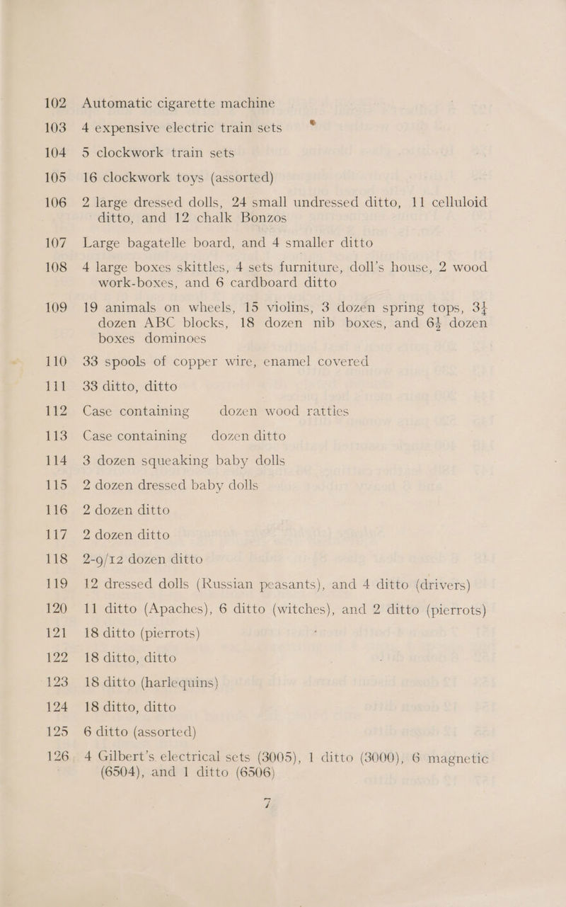 102 103 104 105 106 107 108 109 110 114 112 113 114 115 116 ie ¥) 118 19 120 121 Automatic cigarette machine 4 expensive electric train sets 5 clockwork train sets 16 clockwork toys (assorted) 2 large dressed dolls, 24 small undressed ditto, 11 celluloid ditto, and 12 chalk Bonzos Large bagatelle board, and 4 smaller ditto 4 large boxes skittles, 4 sets furniture, doll’s house, 2 wood work-boxes, and 6 cardboard ditto 19 animals on wheels, 15 violins, 3 dozen spring tops, 34 dozen ABC blocks, 18 dozen nib boxes, and 64 dozen boxes dominoes 33 spools of copper wire, enamel covered 33 ditto, ditto Case containing dozen wood rattles Case containing dozen ditto 3 dozen squeaking baby dolls 2 dozen dressed baby dolls 2 dozen ditto 2 dozen ditto 2-9/12 dozen ditto 12 dressed dolls (Russian peasants), and 4 ditto (drivers) 11 ditto (Apaches), 6 ditto (witches), and 2 ditto (pierrots) 18 ditto (pierrots) 18 ditto, ditto 18 ditto (harlequins) 18 ditto, ditto 6 ditto (assorted) 4 Gilbert’s electrical sets (3005), 1 ditto (3000), 6 magnetic (6504), and 1 ditto (63506) ry