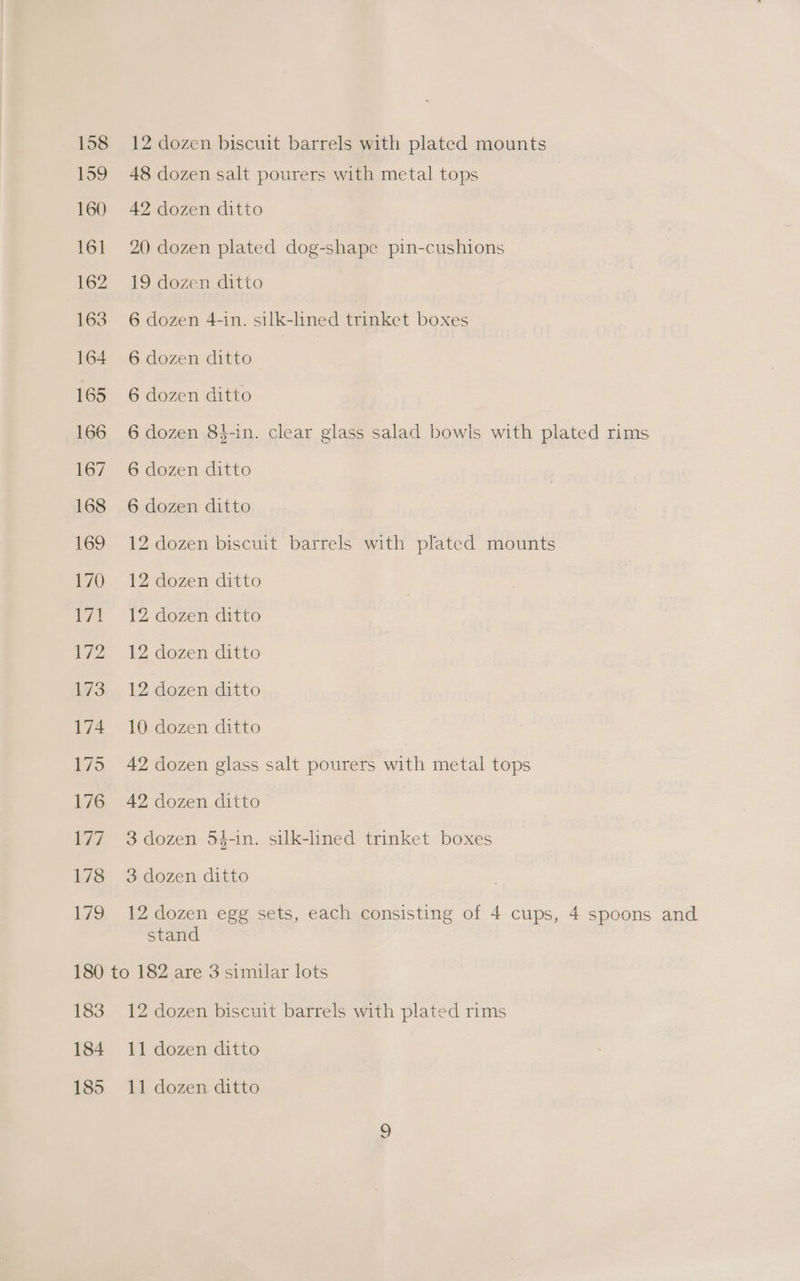 179 12 dozen biscuit barrels with plated mounts 20 dozen plated dog-shape pin-cushions 6 dozen 4-in. silk-lined trinket boxes 6 dozen 8$-in. clear glass salad bowls with plated rims 12 dozen biscuit barrels with plated mounts 42 dozen glass salt pourers with metal tops 42 dozen ditto 3 dozen 54-in. silk-lined trinket boxes 12 dozen egg sets, each consisting of 4 cups, 4 spoons and stand 183 184 12 dozen biscuit barrels with plated rims 11 dozen ditto