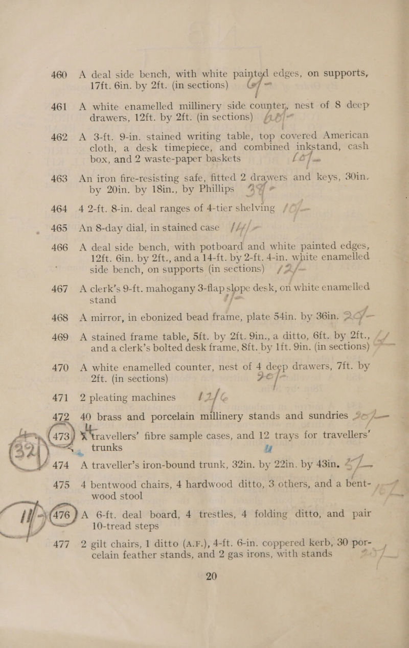 460 A deal side bench, with white pai edges, on supports, 17ft. 6in. by 2ft. (in sections) lla 461 A white enamelled millinery side counter, nest of 8 deep drawers, 12ft. by 2ft: (in sections) Ae Ec 462 <A 8-ft. 9-in. stained writing table, top cov ered American cloth, a desk timepiece, and combined inkstand, cash box, and 2 waste-paper baskets CO] a 463 An iron fire-resisting safe, fitted 2 drawers and keys, 30in- by 20in. by 18in., by Phillips a ef ° | 464 4 2-ft. 8-in. deal ranges of 4-tier shelving / y be 465 An 8-day dial, instained case / Th 466 A deal side bench, with potboard and white painted edges, 12ft. Gin. by 2ft., anda 14-ft. by 2-ft. 4-in. white enamelled side bench, on supports (in sections) /2/~ 467 A clerk’s 9-ft. mahogany 3- ses, a desk, on white enamelled stand 468 <A mirror, in ebonized bead frame, plate 54in. by 36in. 2f- -_ 469 A stained frame table, 5ft. by 2ft. 9in., a ditto, 6ft. by Cit... a and a clerk’s bolted desk frame, Sit. by lft. 9in. (in sections) © 470 A white enamelled counter, nest of 4 deep drawers, 7{t. by 2ft. (in sections) FE | 471 2 pleating machines L2/&amp; 472 40 brass and porcelain millinery stands and sundries Jbojp— Aer. (473) Ktravellers’ fibre sample cases, and 12 trays for travellers’ 52) =<. trunks i j % ‘474 A traveller’s iron-bound trunk, 32in. by 22in. by 43in. a3 475 4 bentwood chairs, 4 hardwood ditto, 3 others, and a bent- sr-t wood stool © haa ye) 6-ft. deal board, 4 trestles, 4 folding ditto, and pair 10-tread steps 477 2 gilt chairs, 1 ditto (A.F.), 4-ft. 6-in. coppered kerb, 30 ah y celain feather stands, and 2 gas irons, with stands 2S] ~——