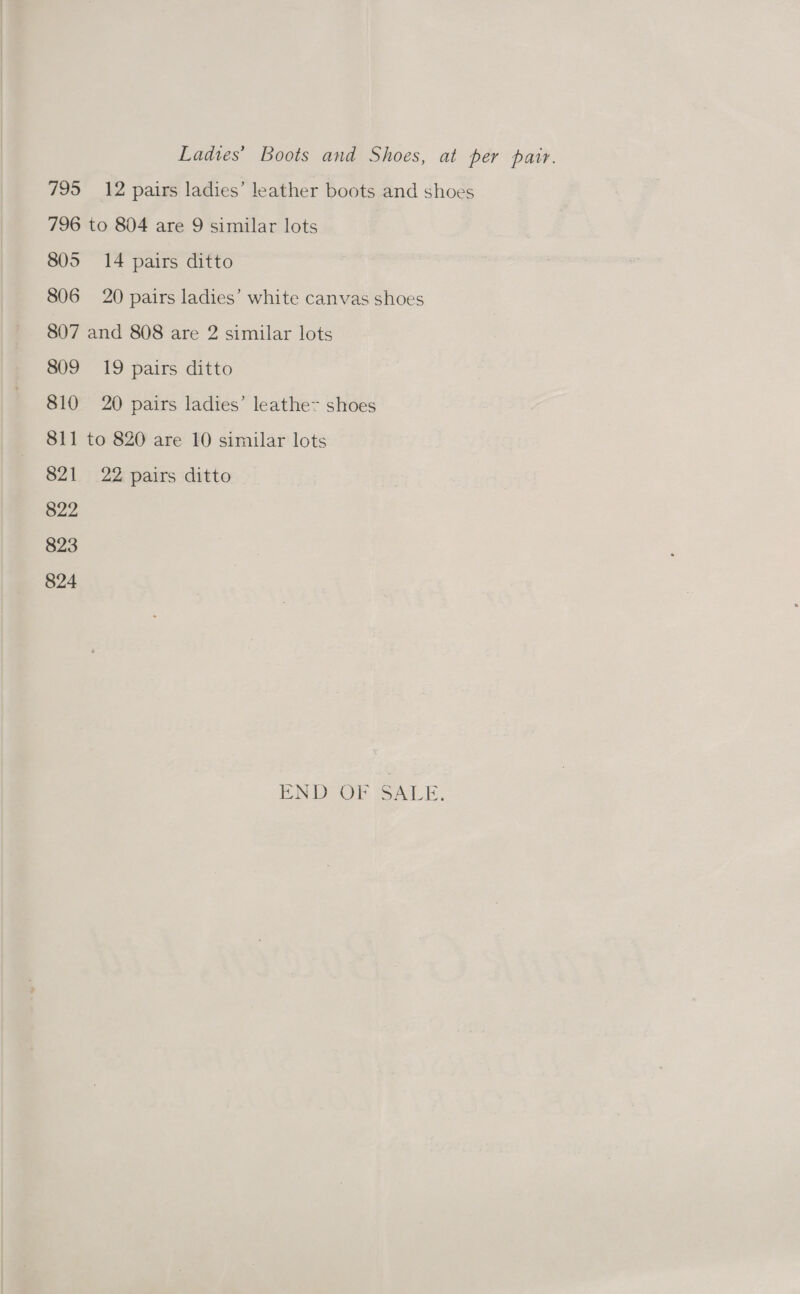 Ladtes’ Boots and Shoes, at per pair. 795 12 pairs ladies’ leather boots and shoes 796 to 804 are 9 similar lots 805 14 pairs ditto 806 20 pairs ladies’ white canvas shoes 807 and 808 are 2 similar lots 809 19 pairs ditto 810 20 pairs ladies’ leathe> shoes 811 to 820 are 10 similar lots 821 22 pairs ditto 822 823 824 BEND OF ‘SALE.