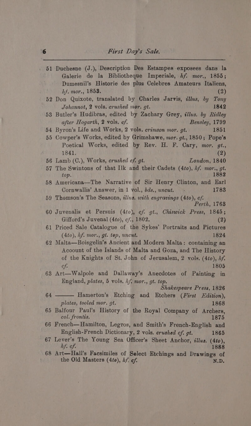 51 63 64 6 Or 66 67 68 Duchesne (J.), Description Des Estampes exposees dans la Galerie de la Bibliotheque Imperiale, hf mor., 1855; Dumesnil’s Historie des plus Celebres Amateurs Italiens, hf. mor., 1858. (2) Don Quixote, translated by Charles Jarvis, illus, by Tony Johannot, 2 vols. crushed mor. gt. 1842 Butler’s Hudibras, edited by Zachary Grey, illus. by Ridley after Hogarth, 2 vols. ef. Bensley, 1799 Byron’s Life and Works, 2 vols. crimson mor. gt. 1851 Cowper’s Works, edited by Grimshawe, mor. gt., 1850; Pope’s Poetical Works, edited by Rev. H. F. Cary, mor. gt., 1841, (2) Lamb (C.), Works, crushed cf. gt. London, 1840 The Swintons of that Ilk and their Cadets (4to), hf mor., gt. top. 1882 Americana—The Narrative of Sir Henry Clinton, and Earl Cornwallis’ Answer, in 1 vol., dds., uncut. — - 1783 Thomson’s The Seasons, illus. with engravings (4to), cf. Perth, 1768 Juvenalis et Persuis (4t0}, cf gt., Chiswick Press, 1845; Gifford’s Juvenal (4fo), cf, 1802. (2) Priced Sale Catalogue of the Sykes’ Portraits and Pictures (4to), Af. mor., gt. top, uncut. 1824 Malta—Boisgelin’s Ancient and Modern Malta: containing an Acoount of the Islands of Malta and Goza, and The History of the Knights of St. John of Jerusalem, 2 vols. (4to), Af. cf. 1805 Art—Walpole and Dallaway’s Anecdotes of Painting in England, plates, 5 vols. hf. mor., gt. top. Shakespeare Press, 1826 Hamerton’s Etching and Etchers (First Edition), plates, tooled mor. gt. 1868 Balfour Paul’s History of the Royal Company of Archers, col. frontts. } 1875 French— Hamilton, Legros, and Smith’s French-English and English-French Dictionary, 2 vols. crushed cf. gt. 1865 Lever’s The Young Sea Officer’s Sheet Anchor, illus. (4to), hf. of. 1888 Art—Hall’s Facsimiles of Select Etchings and Drawings of the Old Masters (4to), Af ef. N.D.