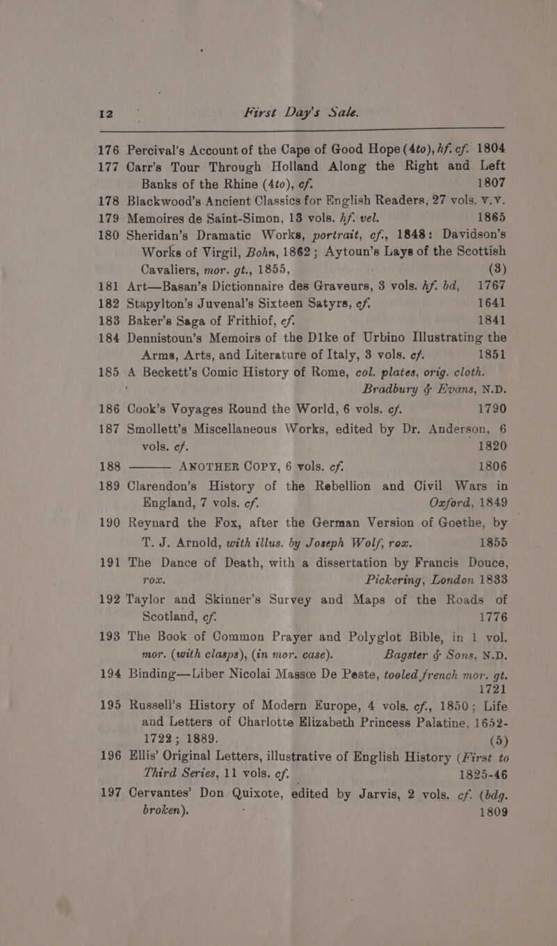 191 Percival’s Account of the Cape of Good Hope (4to), Af. cf. 1804 Carr’s Tour Through Holland Along the Right and Left Banks of the Rhine (4¢to), cf. 1807 Blackwood’s Ancient Classics for English Readers, 27 vols. V.y. Memoires de Saint-Simon, 13 vols. hf. vel. 1865 Sheridan’s Dramatic Works, babies cf., 1848: Davidson’s Works of Virgil, Bohn, 1862; Aytoun’s Lays of the Scottish Cavaliers, mor. gt., 1855, (3) Art—Basan’s Dictionnaire des Bu cekee 3 vols. Af. bd, 1767 Stapylton’s Juvenal’s Sixteen Satyrs, ef. 1641 Baker’s Saga of Frithiof, ef. 1841 Dennistoun’s Memoirs of the Dike of Urbino Illustrating the Arms, Arts, and Literature of Italy, 3 vols. ef. 1851 Bradbury ¢ Hvans, N.D. Smollett’s Miscellaneous Works, edited by Dr. Anderson, 6 vols. ef. 1820 ANOTHER COPY, 6 vols. cf. 1806 Clarendon’s History of the Rebellion and Civil Wars in England, 7 vols. ef. Oxford, 1849 Reynard the Fox, after the German Version of Goethe, by | T. J. Arnold, with tllus. by Joseph Wolf, row. 1855 The Dance of Death, with a dissertation by Francis Douce, rox. Pickering, London 1833 Scotland, ¢f. 1776 194 195 196 197 mor. (with clasps), (in mor. case). Bagster g- Sons, N.D. Binding—Liber Nicolai Massce De Peste, tooled french mor. gt. teem Russell’s History of Modern Europe, 4 vols. cf, 1850; Life and Letters of Charlotte Elizabeth Princess Palatine. 1652- 1722; 1889. (5) Ellis’ Original Letters, illustrative of English History (First to Third Series, 11 vols. ef. 1825-46 Cervantes’ Don Quixote, edited by Jarvis, 2 vols. cf. (bdg. broken). Oy ak 1809