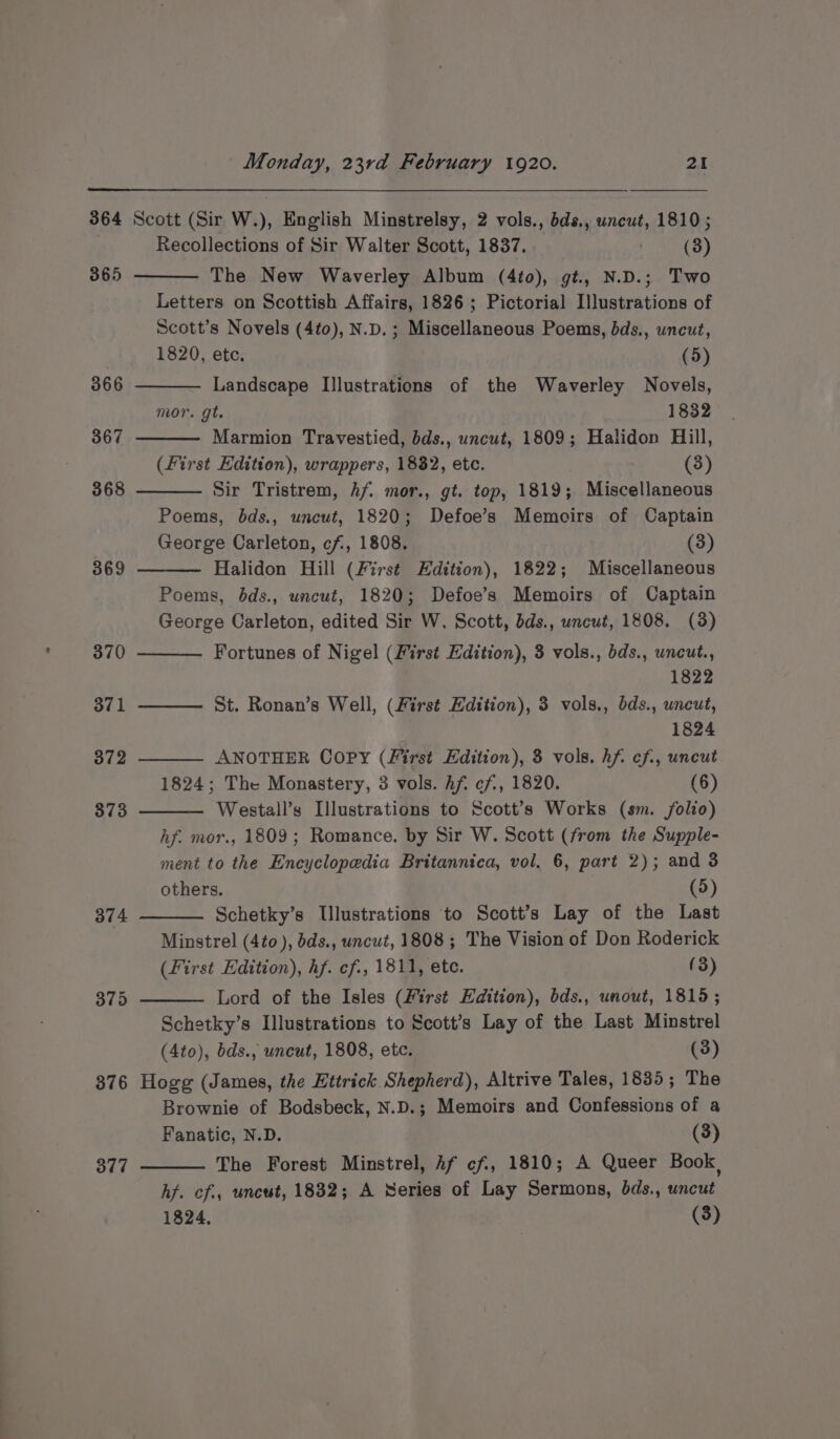 364 365 366 367 368 369 370 371 372 373 374 375 376 377 Monday, 23rd February 1920. 21 Scott (Sir W.), English Minstrelsy, 2 vols., bds., uncut, 1810 ; Recollections of Sir Walter Scott, 1837. (3) The New Waverley Album (4fo0), gt., N.D.; Two Letters on Scottish Affairs, 1826 ; Pictorial Illustrations of Scott’s Novels (4to), N.D. ; Miscellaneous Poems, bds., uncut, 1820, etc, (5) Landscape Illustrations of the Waverley Novels, mor. gt. 1832 Marmion Travestied, bds., uncut, 1809; Halidon Hill, (First Edition), wrappers, 1882, etc. : (3) Sir Tristrem, Af. mor., gt. top, 1819; Miscellaneous Poems, bds., uncut, 1820; Defoe’s Memoirs of Captain George Carleton, cf, 1808. (3) Halidon Hill (First Edition), 1822; Miscellaneous Poems, dds., uncut, 1820; Defoe’s Memoirs of Captain George Carleton, edited Sir W. Scott, bds., uncut, 1808. (3) Fortunes of Nigel (First Edition), 3 vols., bds., uncut., 1822 St. Ronan’s Well, (First Edition), 3 vols., bds., uncut, 1824 ANOTHER Copy (First Edition), 3 vols. hf ef., uncut 1824; The Monastery, 3 vols. hf cf, 1820. (6) Westall’s Illustrations to Scott’s Works (sm. folio) hf. mor., 1809; Romance. by Sir W. Scott (from the Supple- ment to the Encyclopedia Britannica, vol. 6, part 2); and 3 others. (5) Schetky’s Illustrations to Scott’s Lay of the Last Minstrel (4to ), bds., uncut, 1808; The Vision of Don Roderick (First Edition), hf. cf., 1811, ete. (3) Lord of the Isles (First Edition), bds., unout, 1815; Schetky’s Illustrations to Scott’s Lay of the Last Minstrel (Ato), bds., uncut, 1808, etc. (3) Hogg (James, the Ettrick Shepherd), Altrive Tales, 1835; The Brownie of Bodsbeck, N.D.; Memoirs and Confessions of a Fanatic, N.D. (3) The Forest Minstrel, hf ¢f., 1810; A Queer Book, hy. cf., uncut, 1832; A Series of Lay Sermons, dbds., uncut 1824, (3)