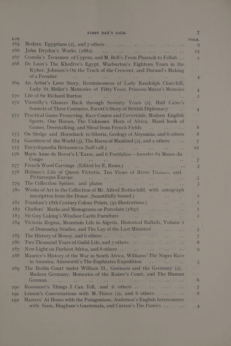 Modern Egyptians (2), and 7 others John Dryden’s Works (1882) Y Cesnola’s Treasures of Cyprus, and M. Bell’ s F rom ae to Fellah a De Leon’s The Khedive’s Egypt, Warburton’s Eighteen Years in the Kyber, Johnson’s On the Track of the Crescent, and Durand’s Making of a Frontier : An Artist’s Love Story, Retiiniscenere of Pay Ranicioh Churchill, Lady St. Helier’s Memories of Fifty Years, Princess Murat’s Memoirs Life of Sir Richard Burton af a - Vizetelly’s Glances Back oun Edit Ye ears (2), Hall Caine’s Sonnets of Three Centuries, Escott’s Story of British Diplomacy Practical Game Preserving, Race Course and Covertside, Modern English Sports, Our Horses, The Unknown Horn of Africa, Hand book of Games, Deerstalking, and Sheaf from French Fields On Sledge and Horseback to Siberia, Geology of Abyssinia, a 6 others Gazetteer of the World (3), The Races of Mankind (2), and 2 others Encyclopaedia Britannicca (half calf.) Marie Anne de Bovet’s L’Earse, and 6 Portfolios—: We Morte dy aes re Congo French Wood era (Edited by E. Roe ) Holmes’s Life of Queen Victoria, Ten Views of River Thames, and Picturesque Europe The Collection Spitzer, and ete? Works of Art in the Collection of Mr. Alfred Rothschild, with autogs aph inscription from the Donor. (beautifully bound.) ge Frankau’s 18th Century Colour Prints, (52 illustrations.) Chaffers’ Marks and Monograms on Porcelain (1897) Sir Guy Laking’s Windsor Castle Furniture Victoria Regina, Mountain Life in Algeria, Historical ballads youn I of Domesday Studies, and The Lay of the Last Ministrel The History of Money, and 6 others .. Two Thousand Years of Guild Life, and 7 kate New Light on Darkest Africa, and 8 others .. Maurice’s History of the War in South Africa, Williams’ The Westo Rik in America, Ainsworth’s The Euphrates Expedition 4 The Berlin Court under William II., Germans and the Eni 2); Modern Germany, Memories of the Kaiser's Court, and The Human German ie me ef Kossmore’s Things I ent Tell, and 6 others .. Lemon’s Conversations with M. Thiers (2), and 6 others Masters’ At Home with the Patagonians, Anderson’s English oe eae with Siam, Bingham’s Guatemala, and Curzon’s The Pamirs .. CO 22 HY HH HH N Oo Cony