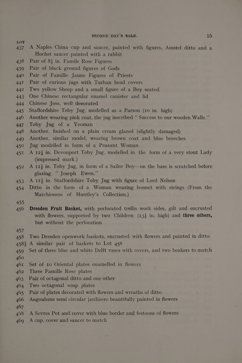 437 438 439 440 441 442 443 444 445 446 447 448 449 450 SECOND DAY’S SALE. 15 A Naples China cup and saucer, painted with figures, Amstel ditto and a Hochst saucer painted with a rabbit Pair of 83 in. Famile Rose Figures Pair of black ground figures of Gods Pair of Famille Jaune Figures of Priests Pair of curious jugs with Turban head covers Two yellow Sheep and a small figure of a Boy seated One Chinese rectangular enamel canister and lid Chinese Joss, well deeorated Staffordshire Toby Jug, modelled as a Parson (10 in. high) Another wearing pink coat, the jug inscribed “ Success to our wooden Walls.’” Toby Jug of a Yeoman Another, finished on a plain cream glazed (slightly damaged) Another, similar model, wearing brown coat and blue breeches Jug modelled in form of a Peasant Woman A 121 in. Devonport Toby Jug, modelled in the form of a very stout Lady (impressed mark.) A 114 in. Toby Jug, in form of a Sailor Boy—on the base is scratched before glazing “‘ Joseph Ewen.” A 114 in. Staffordshire Toby Jug with figure of Lord Nelson Ditto in the form of a Woman wearing bonnet with strings (From the Marchioness of Huntley’s Collection.) Dresden Fruit Basket, with perforated trellis work sides, gilt and encrusted with flowers, supported by two Children (134 in. high) and three others, but without the perforation Two Dresden openwork baskets, encrusted with flowers and painted in ditto A similar pair of baskets to Lot 458 Set of three blue and white Delft vases with covers, and two beakers to match Set of 10 Oriental plates enamelled in flowers Three Famille Rose plates Pair of octagonal ditto and one other Two octagonal soup plates Pair of plates decorated with flowers and wreaths of ditto Angouleme semi circular jardinere beautifully painted in flowers A Sevres Pot and cover with blue border and festoons of flowers A cup, cover and saucer to match