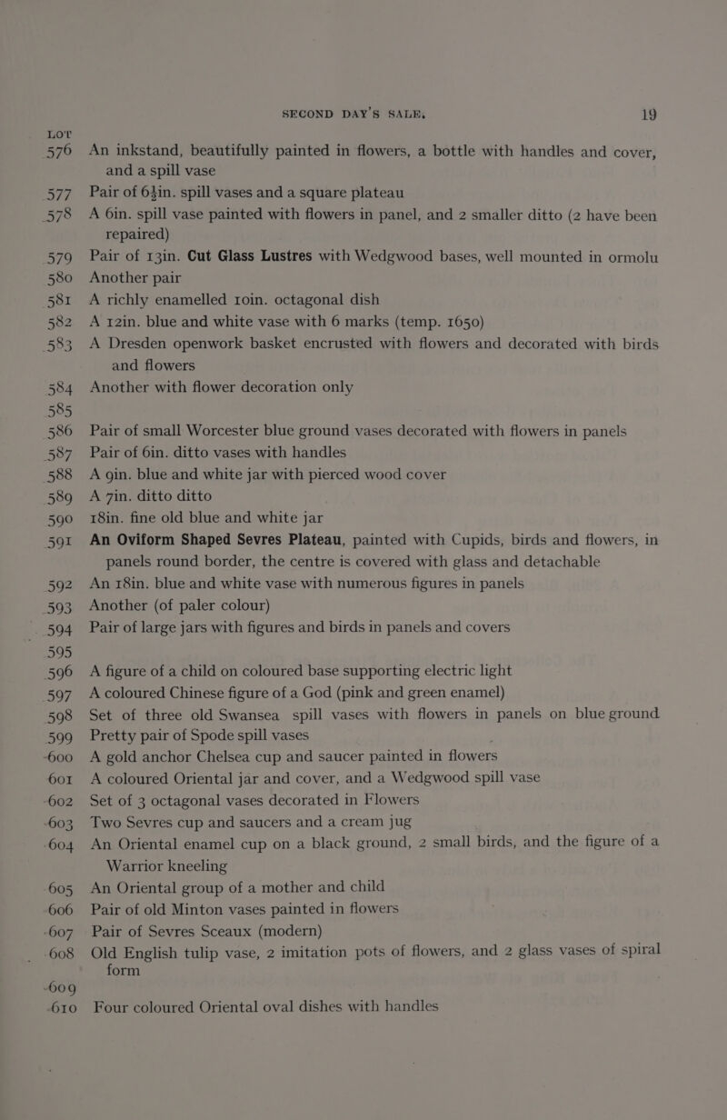 An inkstand, beautifully painted in flowers, a bottle with handles and cover, and a spill vase Pair of 6$in. spill vases and a square plateau A 6in. spill vase painted with flowers in panel, and 2 smaller ditto (2 have been repaired) Pair of 13in. Cut Glass Lustres with Wedgwood bases, well mounted in ormolu Another pair A richly enamelled roin. octagonal dish A 12in. blue and white vase with 6 marks (temp. 1650) A Dresden openwork basket encrusted with flowers and decorated with birds and flowers Another with flower decoration only Pair of small Worcester blue ground vases decorated with flowers in panels Pair of 6in. ditto vases with handles A gin. blue and white jar with pierced wood cover A 7in. ditto ditto 18in. fine old blue and white jar An Oviform Shaped Sevres Plateau, painted with Cupids, birds and flowers, in panels round border, the centre is covered with glass and detachable An r8in. blue and white vase with numerous figures in panels Another (of paler colour) Pair of large jars with figures and birds in panels and covers A figure of a child on coloured base supporting electric light A coloured Chinese figure of a God (pink and green enamel) Set of three old Swansea spill vases with flowers in panels on blue ground Pretty pair of Spode spill vases A gold anchor Chelsea cup and saucer painted in flowers A coloured Oriental jar and cover, and a Wedgwood spill vase Set of 3 octagonal vases decorated in Flowers Two Sevres cup and saucers and a cream jug An Oriental enamel cup on a black ground, 2 small birds, and the figure of a Warrior kneeling An Oriental group of a mother and child Pair of old Minton vases painted in flowers Pair of Sevres Sceaux (modern) Old English tulip vase, 2 imitation pots of flowers, and 2 glass vases of spiral form Four coloured Oriental oval dishes with handles