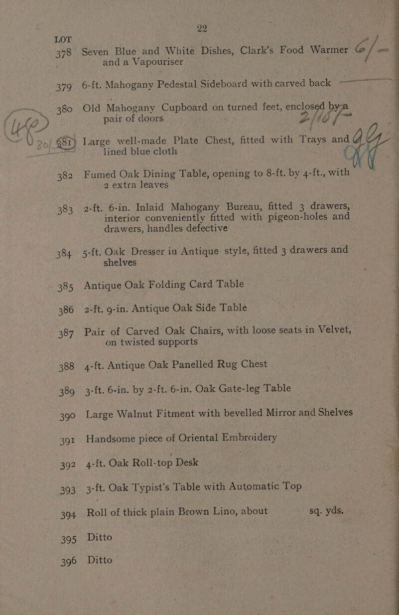 378 380 382 383 384 385 386 387 388 389 390 391 392 393 394 aye 396 22 oe Seven Blue and White Dishes, Clark’s Food Warmer Ay / = and a Vapouriser 6-{t. Mahogany Pedestal Sideboard with carved back —— Old Mahogany Cupboard on turned feet, enclosed bya pair of doors . 4; Ce | Large well-made Plate Chest, fitted with Tye aoe “ined blue cloth ) Fumed Oak Dining Table, opening to 8-ft. by 4-ft., with 2 extra leaves 2-ft. 6-in. Inlaid Mahogany Bureau, fitted 3 drawers, interior conveniently fitted with pigeon-holes and drawers, handles defective 5-ft. Oak Dresser in Antique style, fitted 3 drawers and shelves Antique Oak Folding Card Table 2-ft. g-in. Antique Oak Side Table Pair of Carved Oak Chairs, with loose seats in Velvet, on twisted supports 4-ft. Antique Oak Panelled Rug Chest 3-ft. 6-in. by 2-ft. 6-in. Oak Gate-leg Table , Large Walnut Fitment with bevelled Mirror and Shelves . Handsome piece of Oriental Embroidery 4-ft. Oak Roll-top Desk : 3-ft. Oak Typist’s Table with Automatic Top | Roll of thick plain Brown Lino, about sq. yds. Ditto | : Ay Ditto