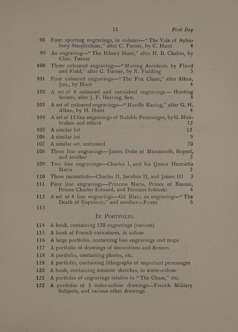 | 98 99 100 101 102 103 104 105 106 107 108 109 110 111 112 113 114 115 116 Ei7 118 119 120 121 122 15 First Day Four sporting engravings, in colours—“ The Vale of Ayles- bury Steeplechase,” after C. Turner, by C. Hunt 4 An engraving—“ The Bibury Hunt,” after H. B. Chalon, by Chas. Turner Three coloured engravings—“ Moving Accidents by Flood and Field,” after C. Turner, by N. Fielding 3 Four coloured engravings—“ The Fox Chase,” after Alken, Jun., by Hunt 4 A set of 4 coloured and varnished engravings — Hunting Scenes, after J. F. Herring, Sen. A set of coloured engravings—“ Hurdle Racing,” after G. H. Alken, by H. Hunt ‘. A set of 12 line engravings of Notable Personages, by G. Hou- braken and others tt A similar lot 12 A similar lot 9 A similar set, unframed 70 Three line engravings—James Duke of Monmouth, Rupert, and another Two line engravings—Charles I, and his Queen Henrietta Maria 2 Three mezzotints—Charles II, Jacobus II, and James III 3 Four line engravings—Princess Maria, Prince of Nassau, Prince Charles Edward, and Princess Sobieski 4 A set of 4 line engravings—Gil Blas; an engraving—“ The Death of Napoleon,” and another—Foxes 6 IN PORTFOLIO. A book, containing 120 engravings (various) A book of French caricatures, in colour A large portfolio, containing line engravings and maps A portfolio of drawings of decorations and flowers A portfolio, containing photos, etc. A portfolio, containing lithographs of important personages A book, containing amateur sketches, in water-colour A portfolio of engravings relative to ‘The Chase,” etc. A portfolio of 5 water-colour drawings—French Military Subjects, and various other drawings