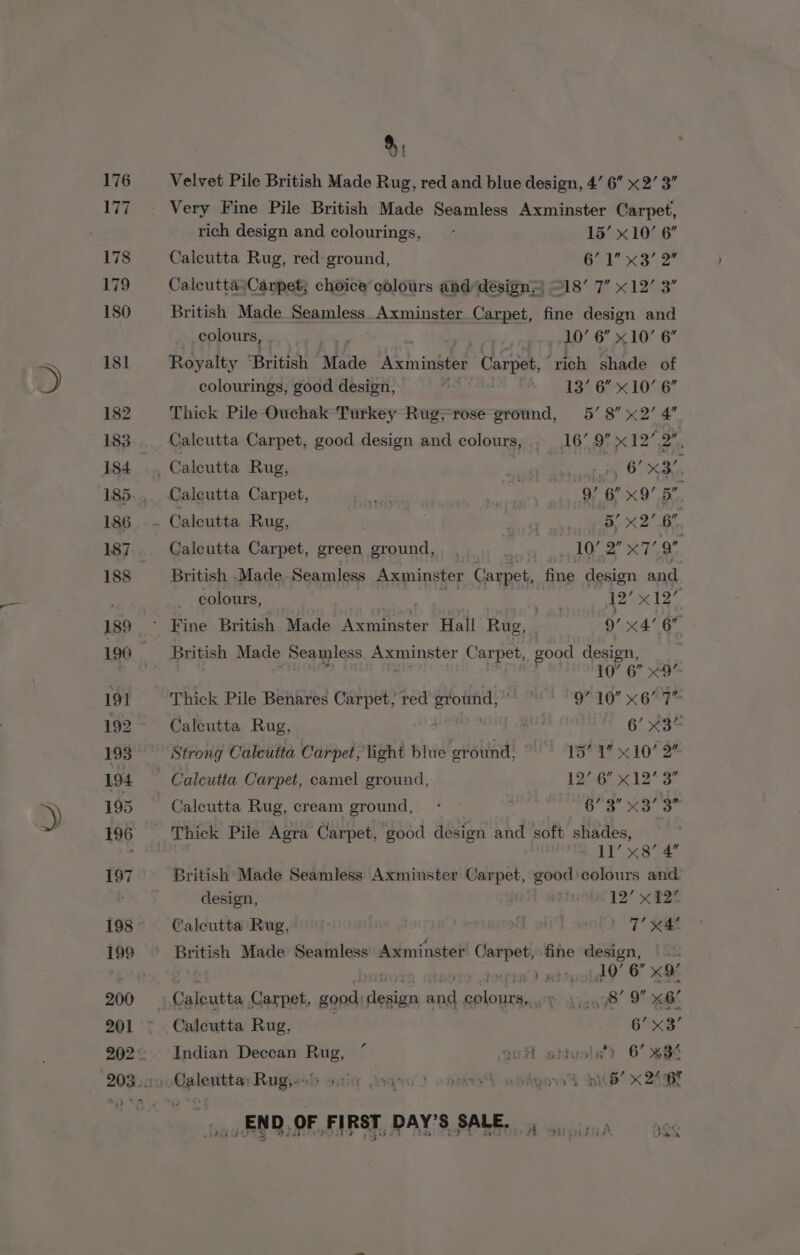 B) 176 177 178 179 180 18] 182 187 188 189 191 192 198 194 195 197 198 200 201 % Velvet Pile British Made Rug, red and blue design, 4’ 6” x2’ 3” rich design and colourings, ~~ 15’ x10’ 6 Calcutta Rug, red ground, Or le KS 2° Calcutta:Carpet; choice colours and design) ©18’ 7” x12’ 3” British Made Seamless acne Carpet, fine design and colours, ea v1 6” x 10’ 6” Royalty ‘British Made Axminster Carpet, ‘rich shade of colourings, good design, raed EA 13461066 Thick Pile Ouchak Turkey Rug;rose ground, 5’ 8” x2’ 4 Calcutta Carpet, good design and colours, . 16’ 9” « 12’ 2, _ Caleutta Rug, Ps oe eee 6’ x3. Calcutta Carpet, pees ; 9, 6” xo a . Caleutta Rug, . fa ; 3’ 427 6. Calcutta Carpet, green ground, a &lt; . 10’ O x77 British Made. Seamless Axminster Carpet, fine design and colours, . 12’ x 12 ' Fine British Made Aerie Hall Rug, 5. GE British Made Seamless Axminster Carpet, good design, | TU fe See Thick Pile Benares Carpet, red gr ound, 9” 10 x6 7 Calcutta Rug, | eG eae Strong Calcutta Carpet, light blue ground, PITS 410% Calcutta Carpet, camel ground, 12/66,% 12* 3° ~ Caleutta Rug, cream ground, - » unite sig Wc ar _ Thick Pile Agra Carpet, good design id soft shades, 11’ x9’ 4” British’ Made Seamless Axminster Carpet, good colours and design, . hisses 12 x BBE . Calcutta Rug, } T’ at priests Made Seamless Axminster’ ( ae fine design, | NN nate te 10’ 6 x9 7 Calcutta Carpet, good) he ai ease wt Aiew 7’ 9” x6e Calcutta Rug, 6’ x3’ - Indian Deccan Rug, ° uA shtyols’) 67 xg as RYDE FIRST, PAYS SALE, A snk. od