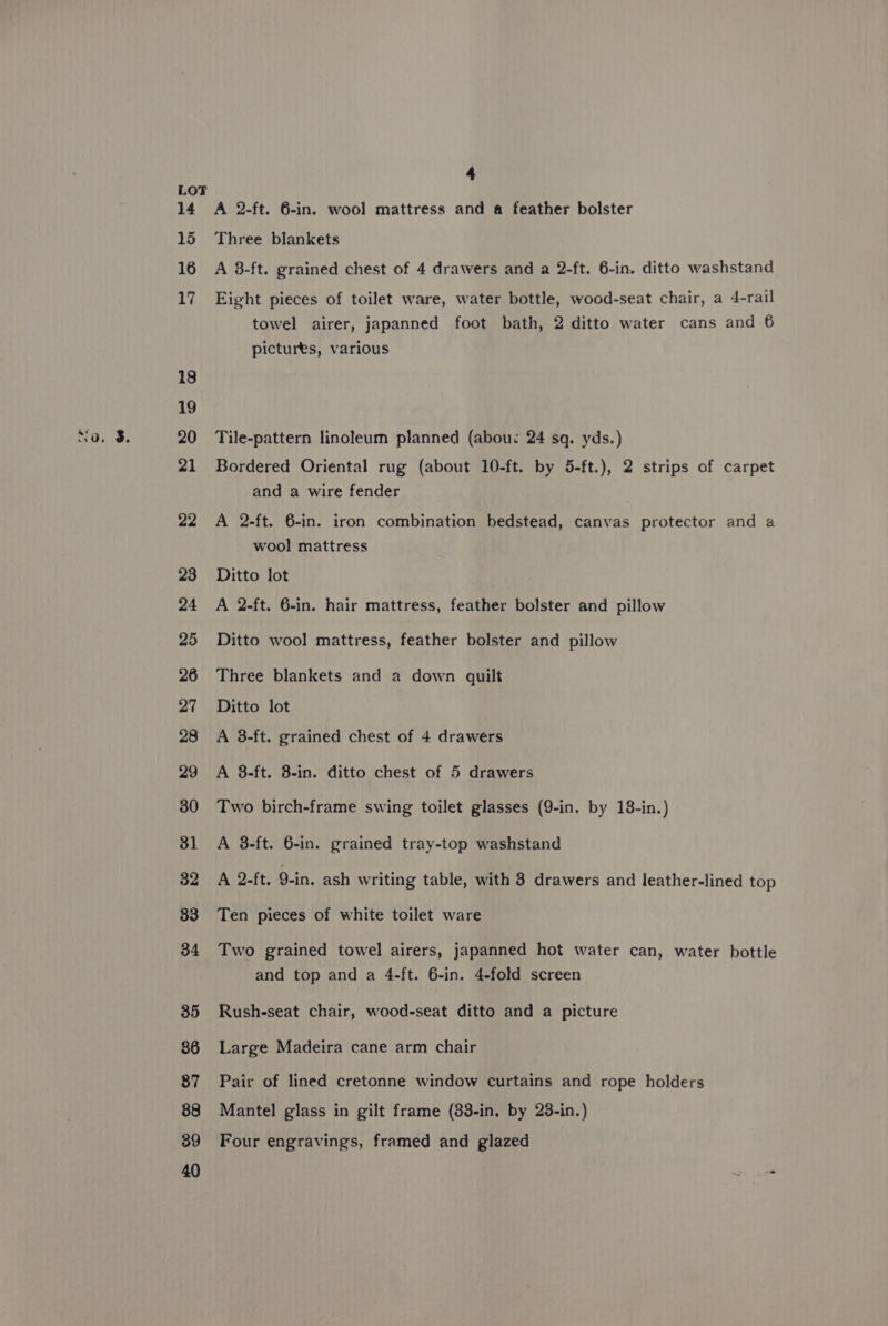14 15 16 | 18 19 20 21 22 23 24 25 26 27 28 29 30 31 32 33 34 35 36 87 88 39 40 4 A 2-ft. 6-in. wool mattress and a feather bolster Three blankets A 8-ft. grained chest of 4 drawers and a 2-ft. 6-in. ditto washstand Eight pieces of toilet ware, water bottle, wood-seat chair, a 4-rail towel airer, japanned foot bath, 2 ditto water cans and 6 pictures, various Tile-pattern linoleum planned (abou: 24 sq. yds.) Bordered Oriental rug (about 10-ft. by 5-ft.), 2 strips of carpet and a wire fender A 2-ft. 6-in. iron combination bedstead, canvas protector and a wool mattress Ditto lot A 2-ft. 6-in. hair mattress, feather bolster and pillow Ditto wool mattress, feather bolster and pillow Three blankets and a down quilt Ditto lot A 38-ft. grained chest of 4 drawers A 8-ft. 8-in. ditto chest of 5 drawers Two birch-frame swing toilet glasses (9-in. by 13-in.) A 3-ft. 6-in. grained tray-top washstand A 2-ft. 9-in. ash writing table, with 3 drawers and leather-lined top Ten pieces of white toilet ware Two grained towel airers, japanned hot water can, water bottle and top and a 4-ft. 6-in. 4-fold screen Rush-seat chair, wood-seat ditto and a picture Large Madeira cane arm chair Pair of lined cretonne window curtains and rope holders Mantel glass in gilt frame (83-in, by 23-in.) Four engravings, framed and glazed