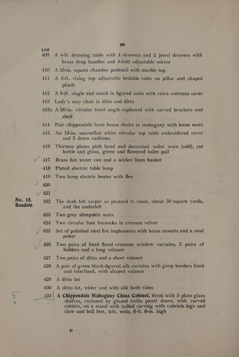 No. 18. 20 A 4-ft. dressing table with 4 drawers and 2 jewel drawers with brass drop handles and 3-fold adjustable mirror A 16-in. square chamber pedestal with marble top A 3-ft. rising top adjustable bedside table on pillar and shaped plinth Lady’s easy chair in ditto and ditto shelf Pair chippendale farm house chairs in mahogany with loose seats An 18-in. enamelled white circular top table embroidered cover and 2 down cushions Thirteen pieces pink band and decorated toilet ware (odd), cut bottle and glass, green and flowered toilet pail Brass hot water can and a wicker linen basket Two lamp electric heater with flex The drab felt carpet as planned to room, about 50 square yards, and the underfelt Two grey sheepskin mats Two circular foot hassocks in crimson velvet Set of polished steel fire implements with brass mounts and a steel poker Two pairs of lined floral cretonne window curtains, 2 pairs of holders and a long valance Two pairs of ditto and a short valance A pair of green black-figured silk curtains with gimp borders lined and interlined, with shaped valance A ditto lot A ditto lot, wider and with silk both sides 1A Chippendale Mahogany China Cabinet, fitted with 3 plate glass shelves, enclosed by glazed trellis panel doors, with carved cornice, on a stand with nulled carving with cabriole legs and claw and ball feet, 4-ft. wide, 6-ft. 6-in. high