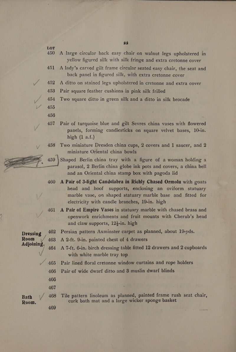 / 452 460 461 Dressing 462 Room 463 Adjoining. / 464 \/ / 465 466 466 467 Bath \/ 468 Room. 469 aa A large circular back easy chair on walnut legs upholstered in yellow figured silk with silk fringe and extra cretonne cover A lady’s carved gilt frame circular seated easy chair, the seat and back panel in figured silk, with extra cretonne cover A ditto on stained legs upholstered in cretonne and extra cover Pair square feather cushions in pink silk frilled Two square ditto in green silk and a ditto in silk brocade Pair of turquoise blue and gilt Sevres china vases with flowered panels, forming candlesticks on square velvet bases, 10-in. high (1 a.f.) Two miniature Dresden china cups, 2 covers and 1 saucer, and 2 miniature Oriental china bowls Shaped Berlin china tray with a figure of a woman holding a parasol, 2 Berlin china globe ink pots and covers, a china bell and an Oriental china stamp box with pagoda lid A Pair of 3-light Candelabra in Richly Chased Ormolu with goats head and hoof supports, enclosing an oviform statuary marble vase, on shaped statuary marble base and fitted for electricity with candle branches, 19-in. high A Pair of Empire Vases in statuary marble with chased brass and openwork enrichments and fruit mounts with Cherub’s head and claw supports, 124-in. high Persian pattern Axminster carpet as planned, about 19-yds. A 2-ft. 9-in. painted chest of 4 drawers A 7-ft. 6-in. birch dressing table fitted 12 drawers and 2 cupboards with white marble tray top Pair lined floral cretonne window curtains and rope holders Pair of wide dwarf ditto and 3 muslin dwarf blinds Tile pattern linoleum as planned, painted frame rush seat chair, cork bath mat and a large wicker sponge basket